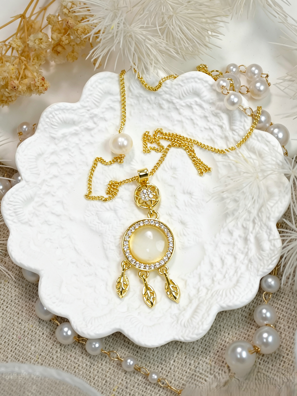 Boho Dreamcatcher Cat’s Eye Pearl Jewelry Matching Set, Gold Leaf Tassel Drop Earrings & Adjustable Necklace Set for Women