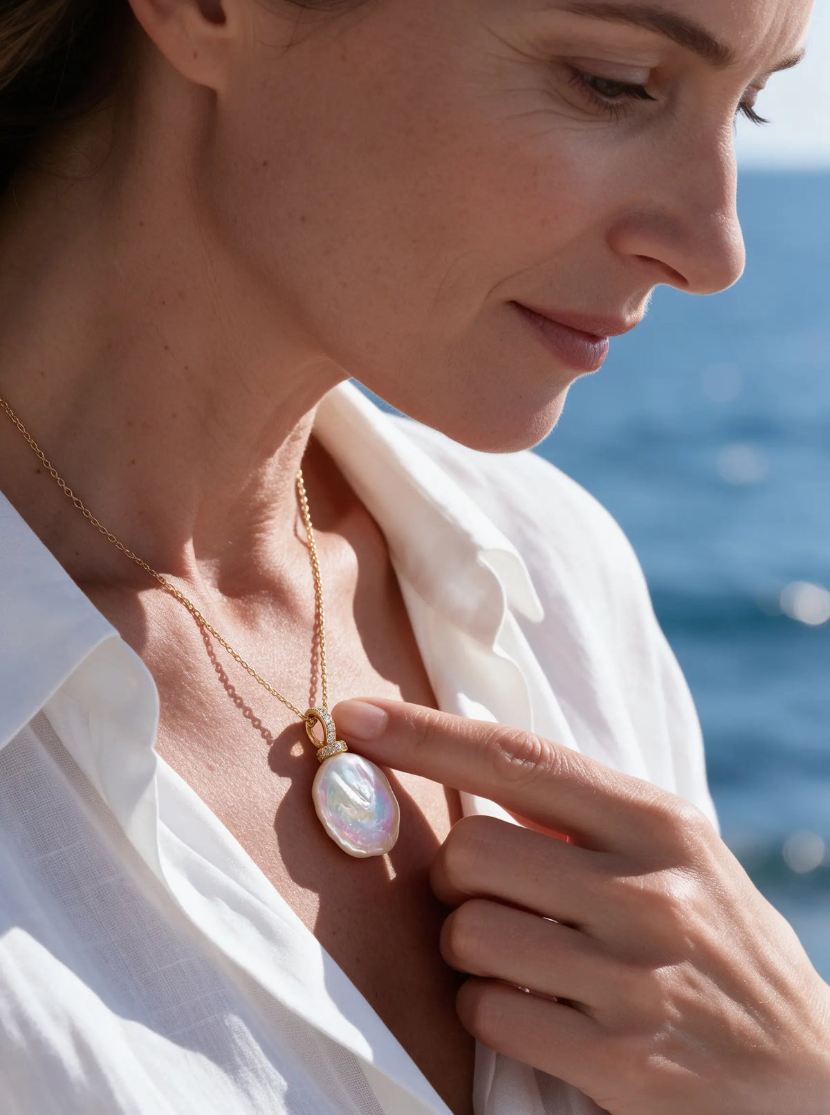Baroque Natural Freshwater Pearl Pendant Necklace, Pave Crystal Bail Gold & Silver Tone Statement Necklace for Women