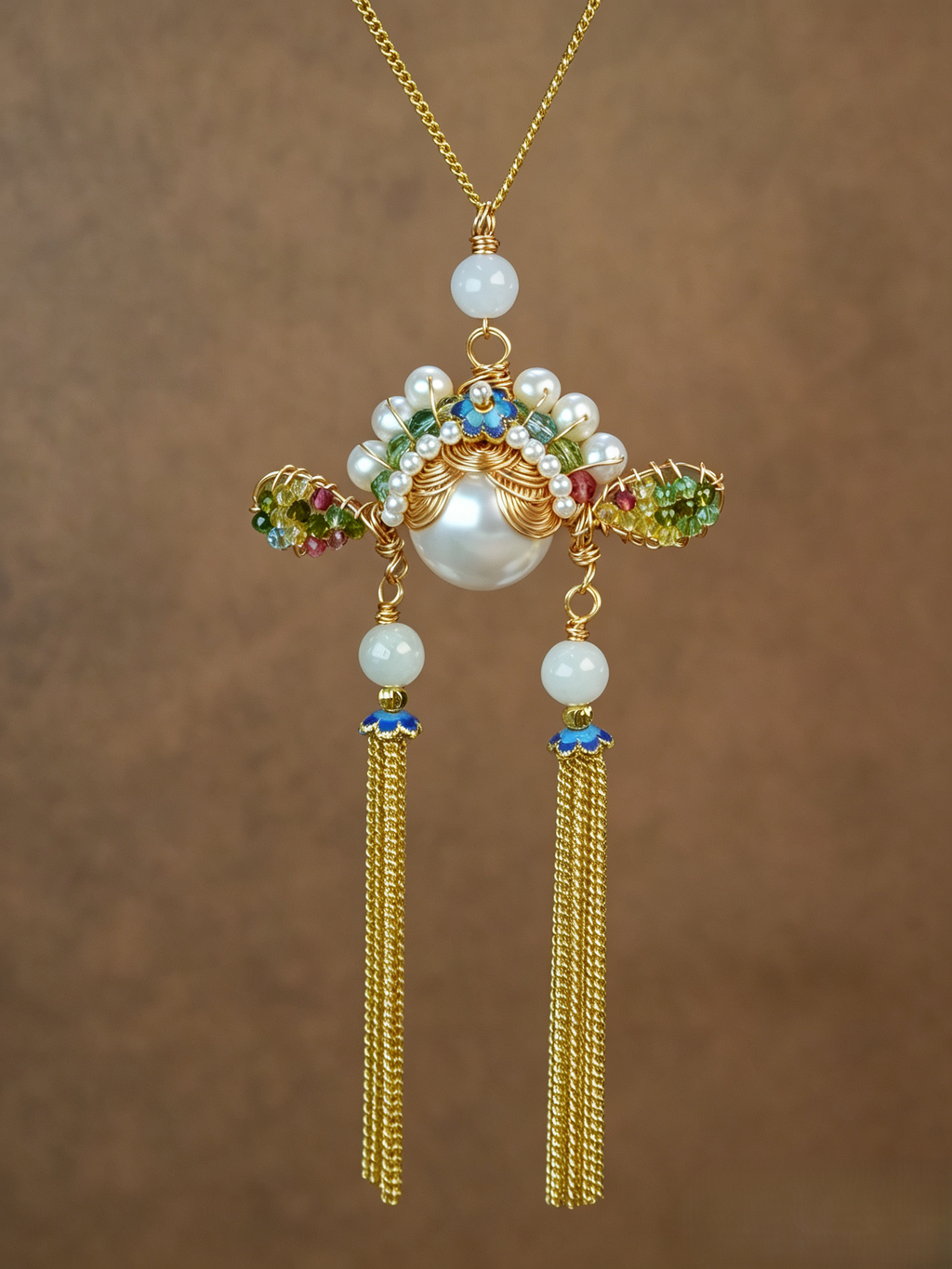 Antique Inspired Traditional Chinese Opera Phoenix Coronet Pearl Pendant Necklace, Cloisonne Enamel Handmade Oriental Tassel Necklace for Women