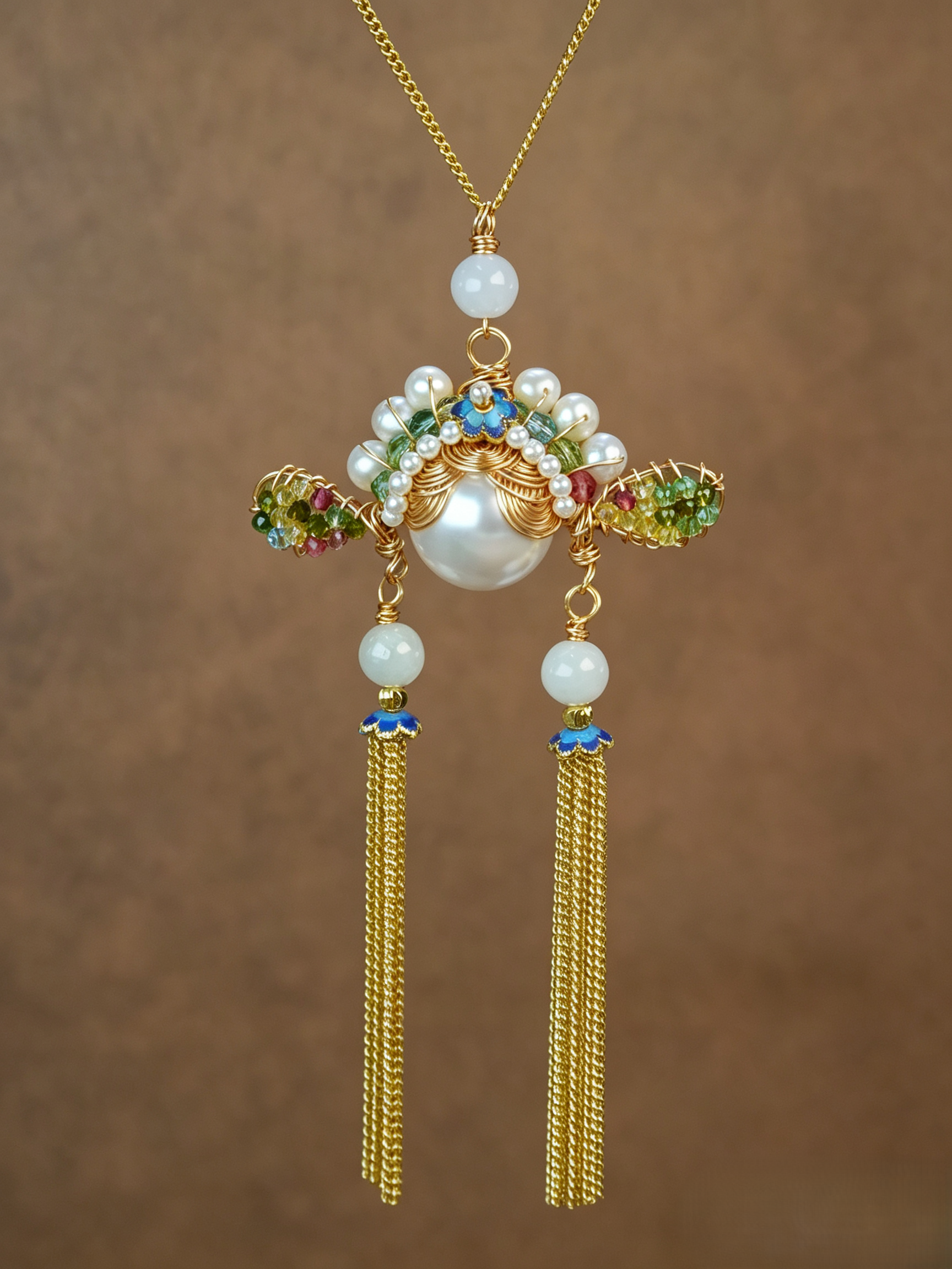 Antique Inspired Traditional Chinese Opera Phoenix Coronet Pearl Pendant Necklace, Cloisonne Enamel Handmade Oriental Tassel Necklace for Women