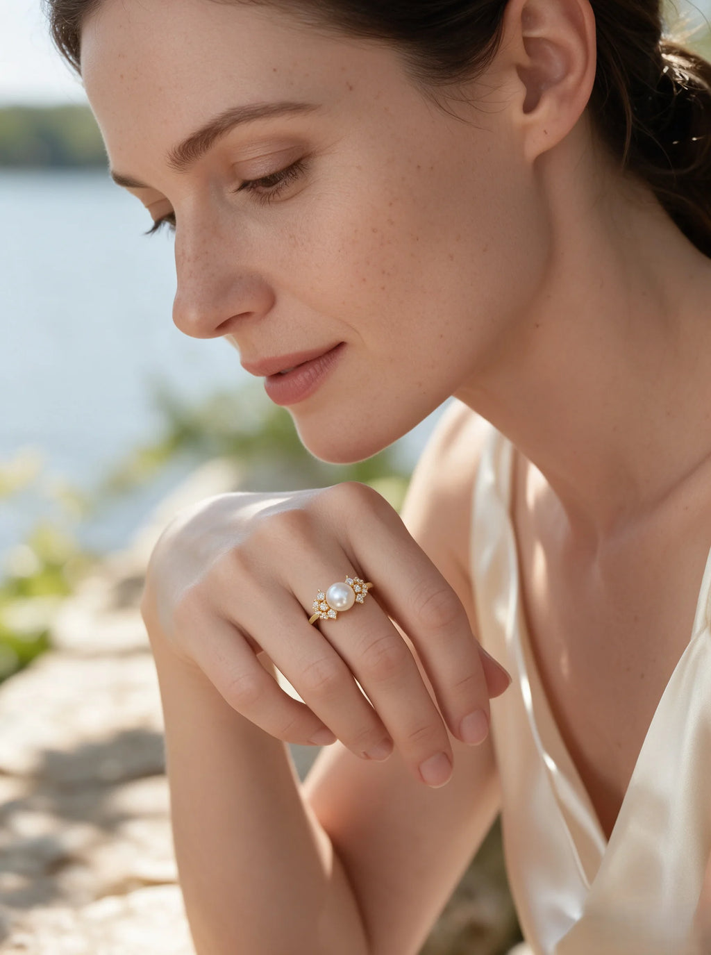 Cluster Accent Open Adjustable Ring, Lustrous Natural Freshwater Pearl Statement Ring for Women