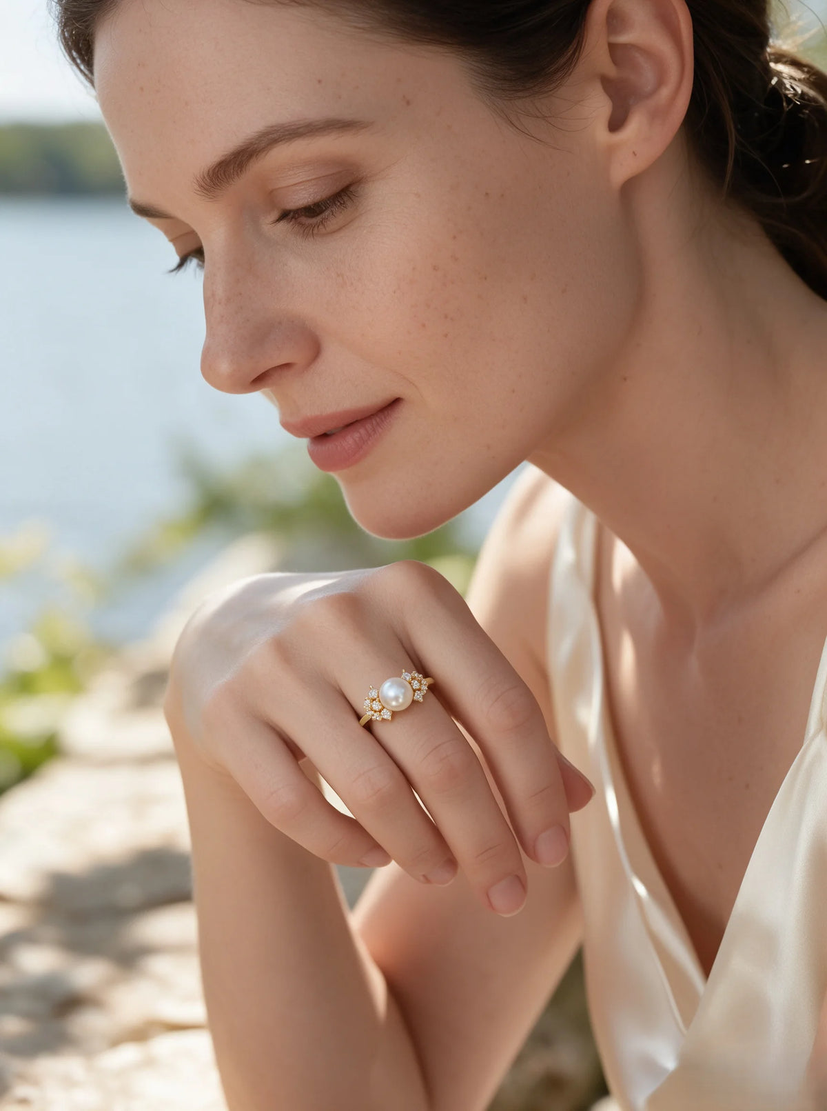 Cluster Accent Open Adjustable Ring, Lustrous Natural Freshwater Pearl Statement Ring for Women