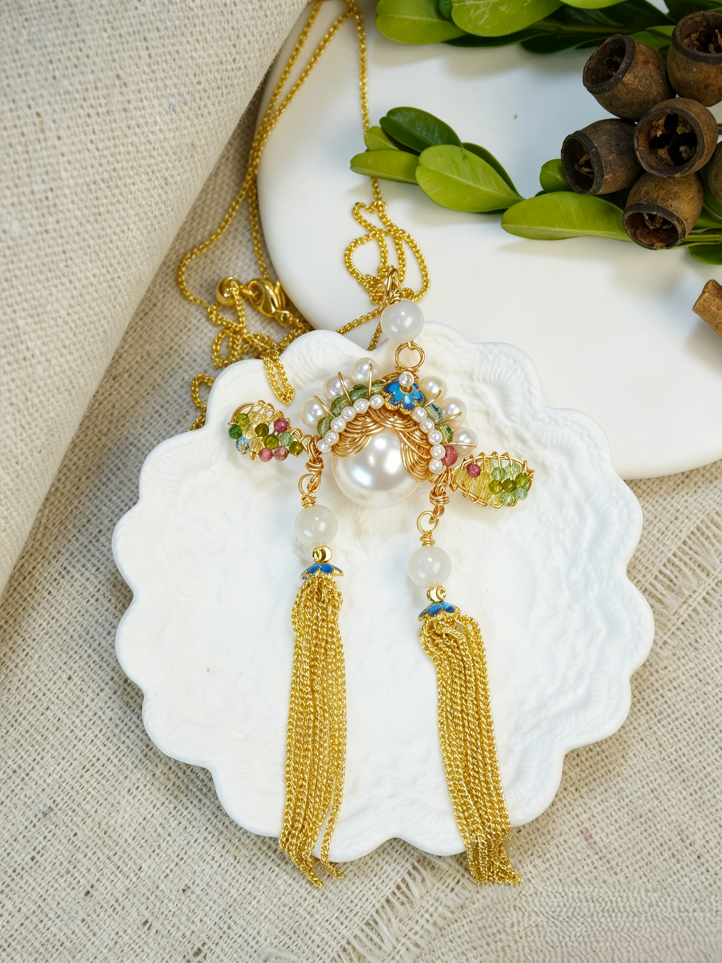 Antique Inspired Traditional Chinese Opera Phoenix Coronet Pearl Pendant Necklace, Cloisonne Enamel Handmade Oriental Tassel Necklace for Women