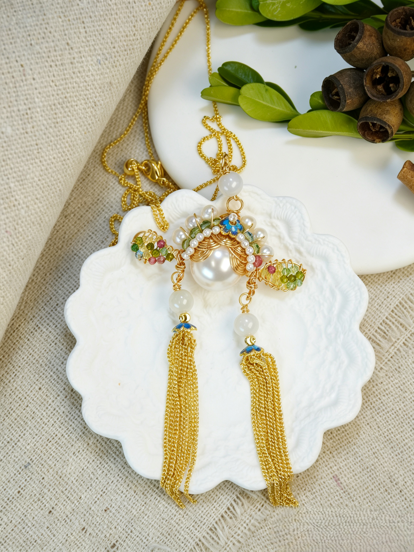 Antique Inspired Traditional Chinese Opera Phoenix Coronet Pearl Pendant Necklace, Cloisonne Enamel Handmade Oriental Tassel Necklace for Women
