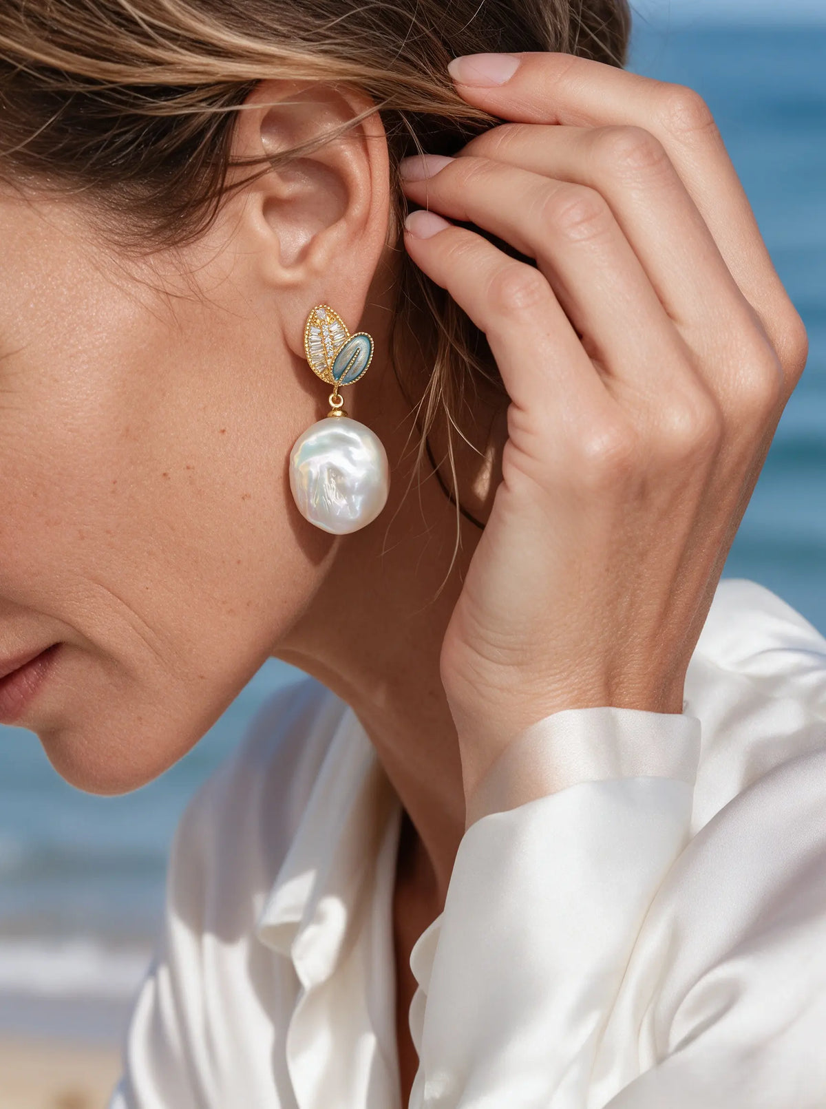 Leaf Enamel Baroque Freshwater Pearl Drop Earrings, Crystal Accent Gold Tone Dangle Earrings for Women