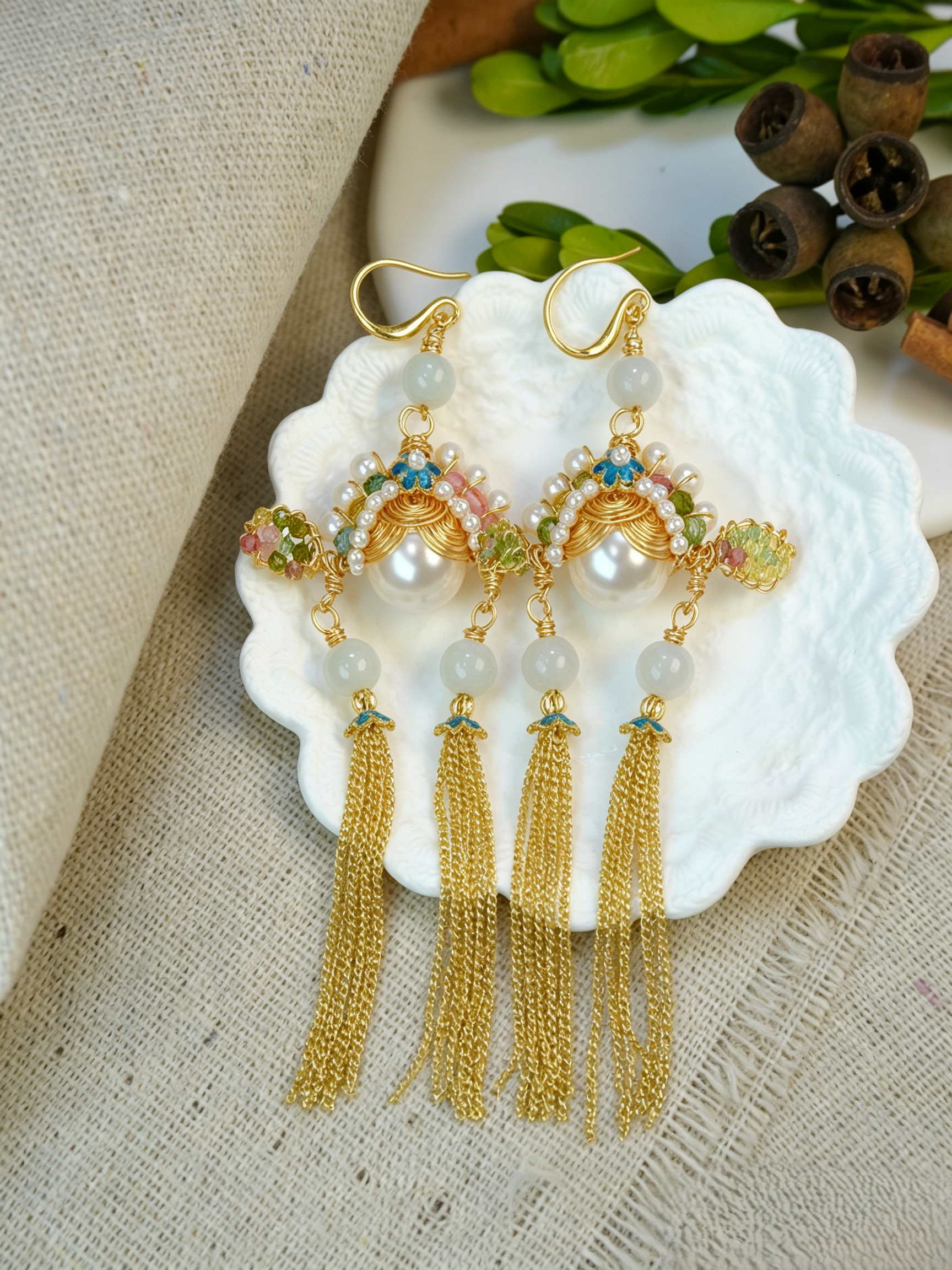 Antique Inspired Traditional Chinese Opera Phoenix Coronet Pearl Pendant Necklace, Cloisonne Enamel Handmade Oriental Tassel Necklace for Women