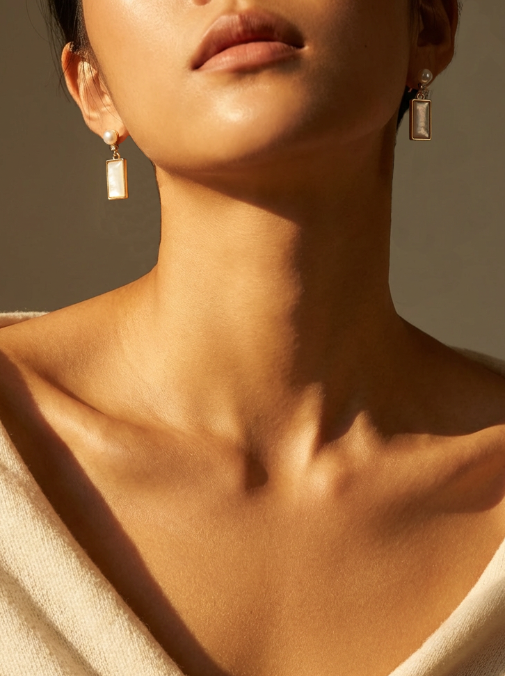Rectangular Mother of Pearl Drop Earrings, Natural Pearl Gold Plated Brass Handmade Dangle Earrings, Elegant Timeless Jewelry Gift for Women