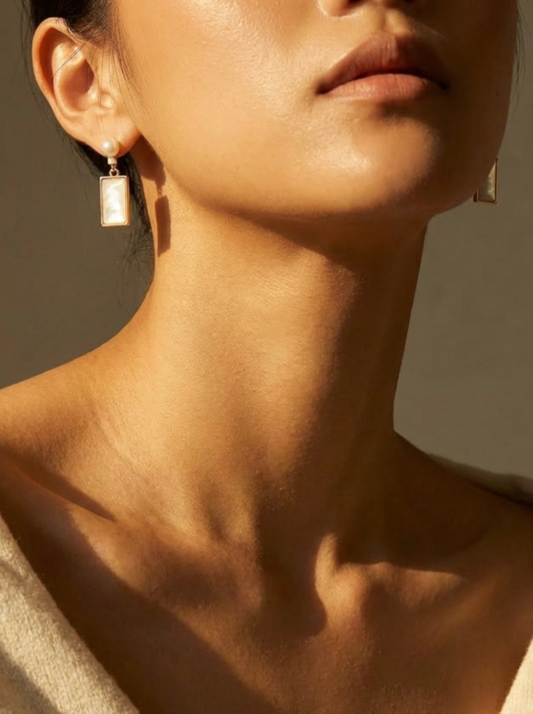Rectangular Mother of Pearl Drop Earrings, Natural Pearl Gold Plated Brass Handmade Dangle Earrings, Elegant Timeless Jewelry Gift for Women