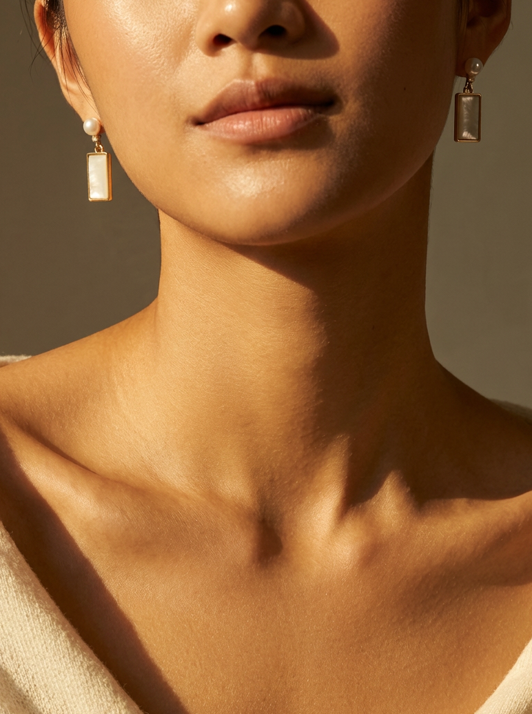 Rectangular Mother of Pearl Drop Earrings, Natural Pearl Gold Plated Brass Handmade Dangle Earrings, Elegant Timeless Jewelry Gift for Women