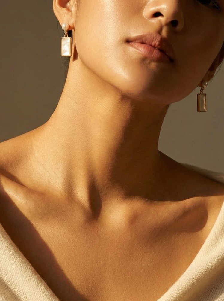 Rectangular Mother of Pearl Drop Earrings, Natural Pearl Gold Plated Brass Handmade Dangle Earrings, Elegant Timeless Jewelry Gift for Women