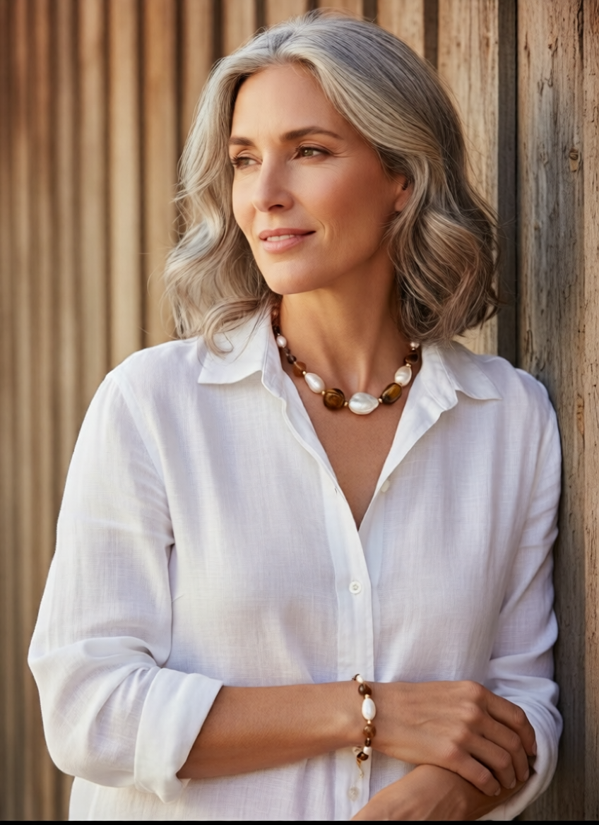 Baroque Freshwater Pearl Tiger’s Eye & Grey Agate Beaded Necklace Bracelet Set, Neutral Earth‑Tone Elegant Layering Jewelry