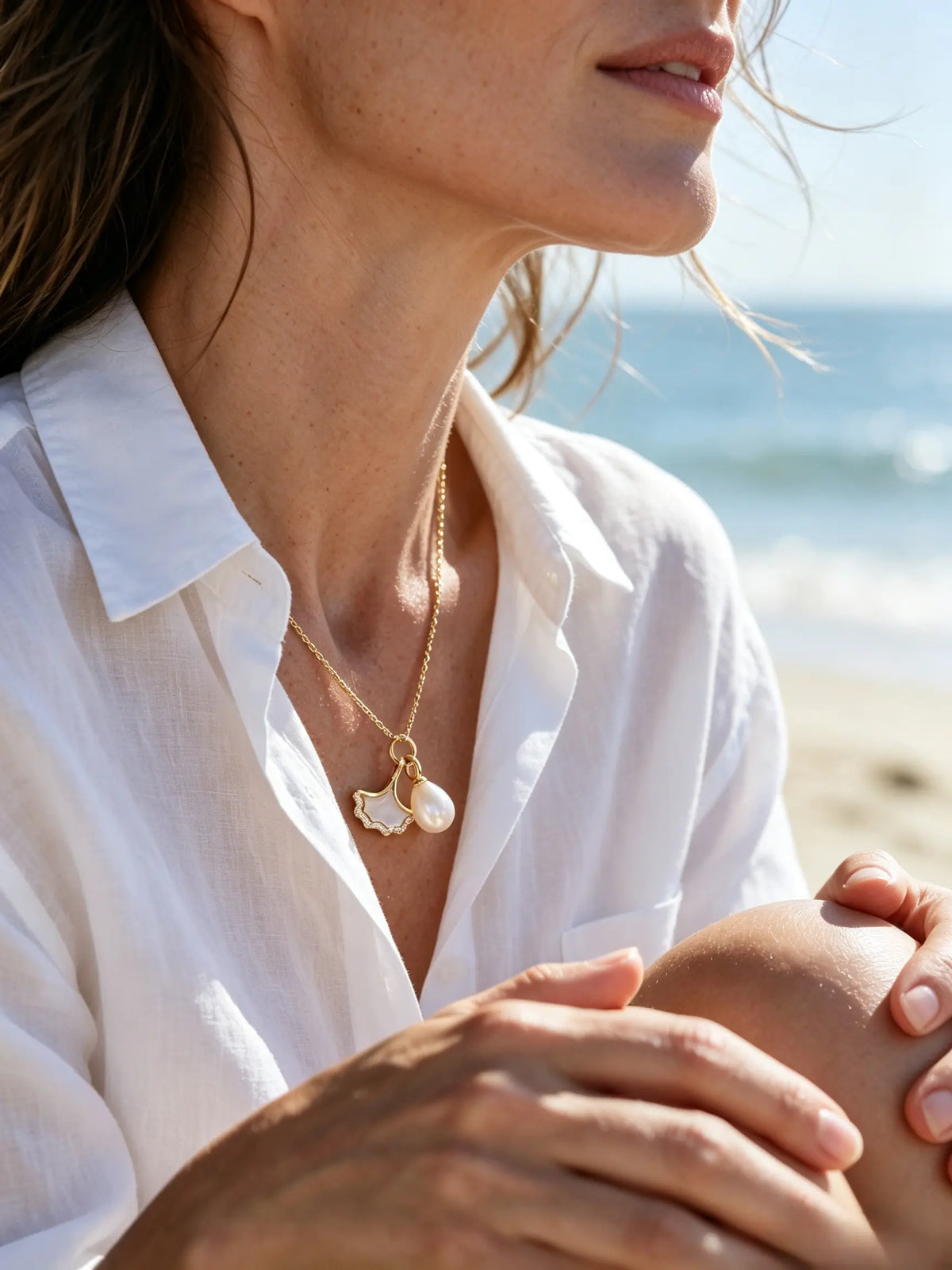Natural Freshwater Pearl & Mother‑of‑Pearl Ginkgo Leaf Pendant Necklace, Sophisticated Zircon Accent Gold Plated Necklace for Women