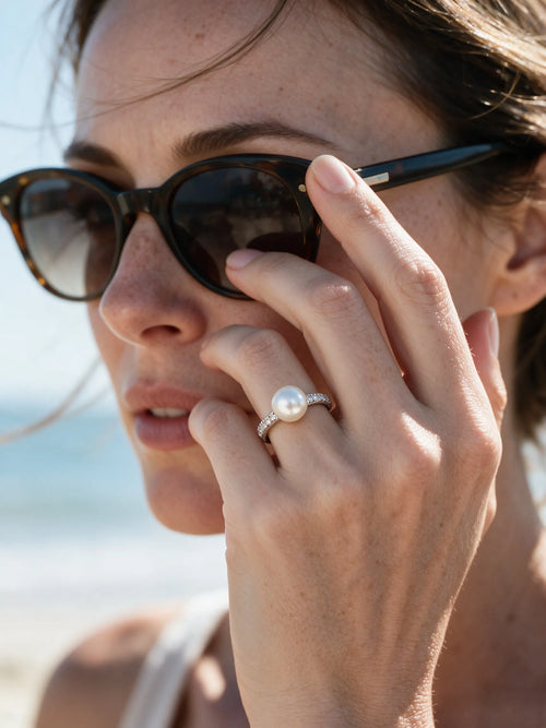18K Gold Plated Natural Freshwater Pearl Open Ring, Sophisticated Minimal Zircon Accent Single Pearl Ring for Women
