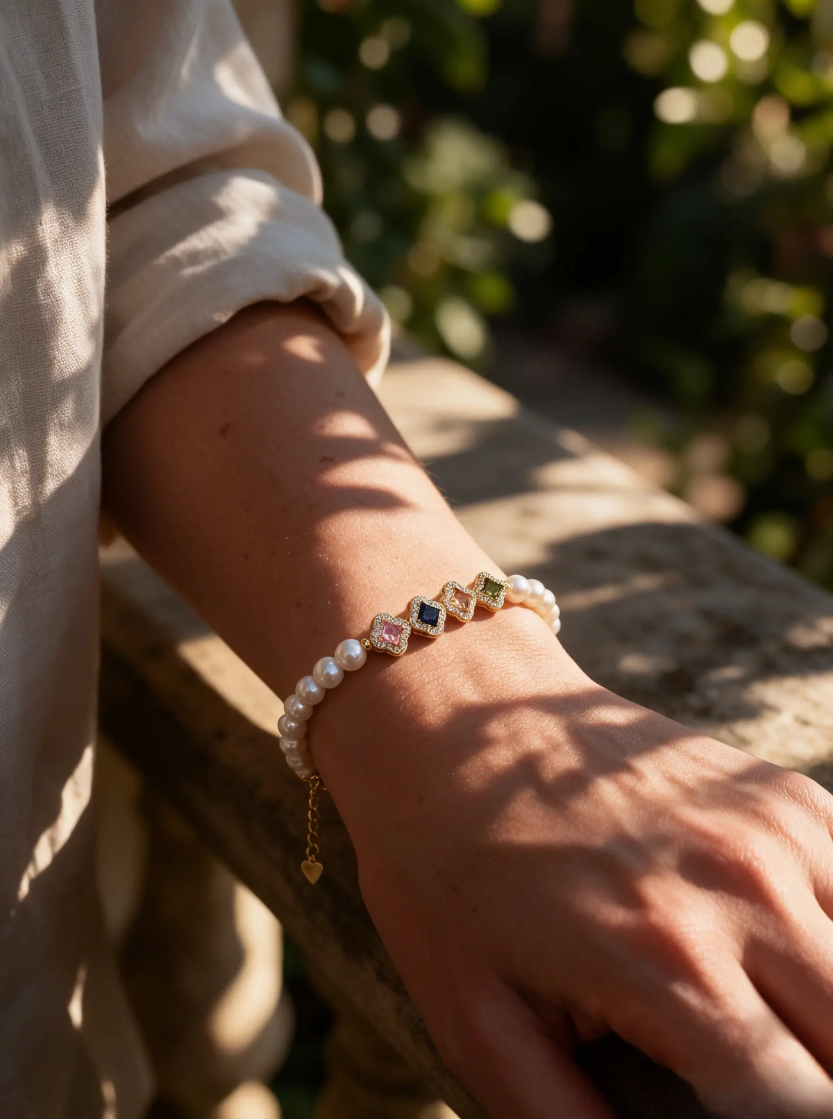 Colorful Clover Charm Freshwater Pearl Bracelet, Dainty Adjustable Pearl Stacking Bracelet for Women