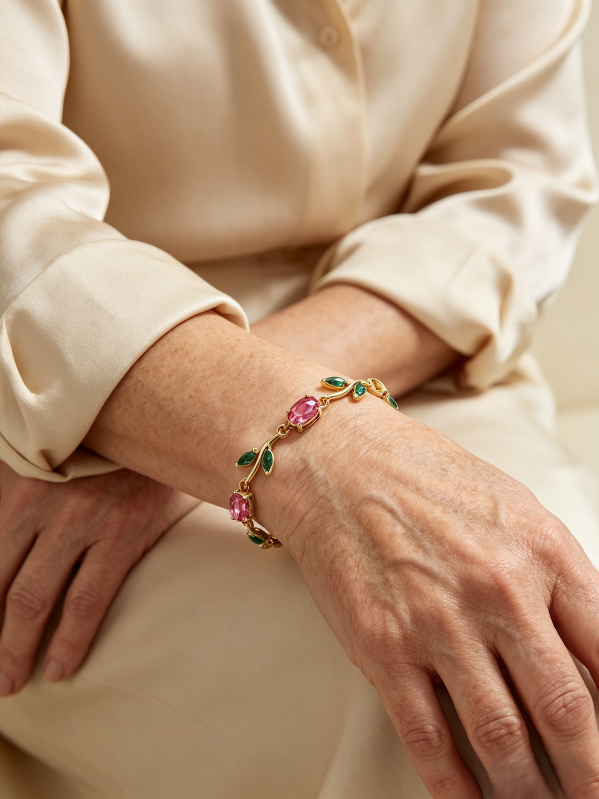 Vintage Blush Pink Green Vine Leaf Bracelet, Gold & Silver Tone Oval Zircon Romantic Branch Statement Bracelet for Women
