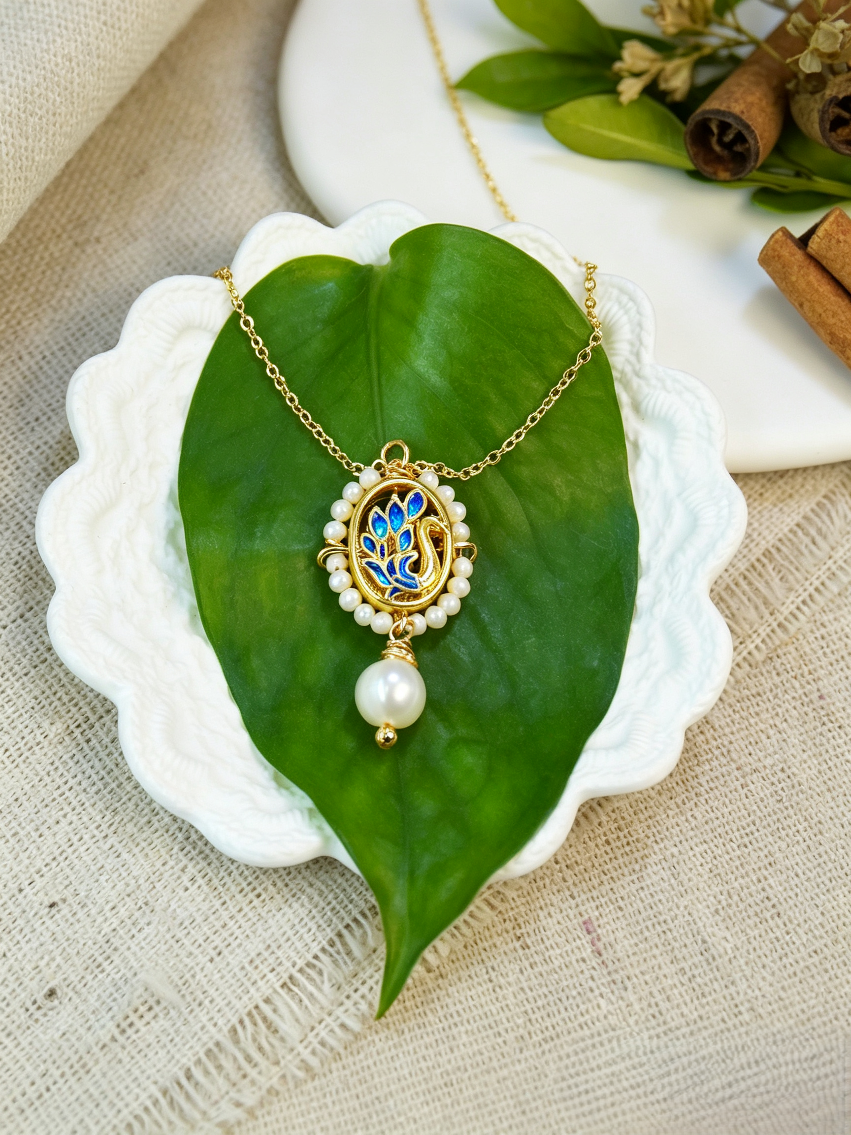 Vintage Blue Cloisonné Enamel Swan Pearl Jewelry Set, Victorian Cameo Pendant Necklace & Drop Earrings Matching Set for Women