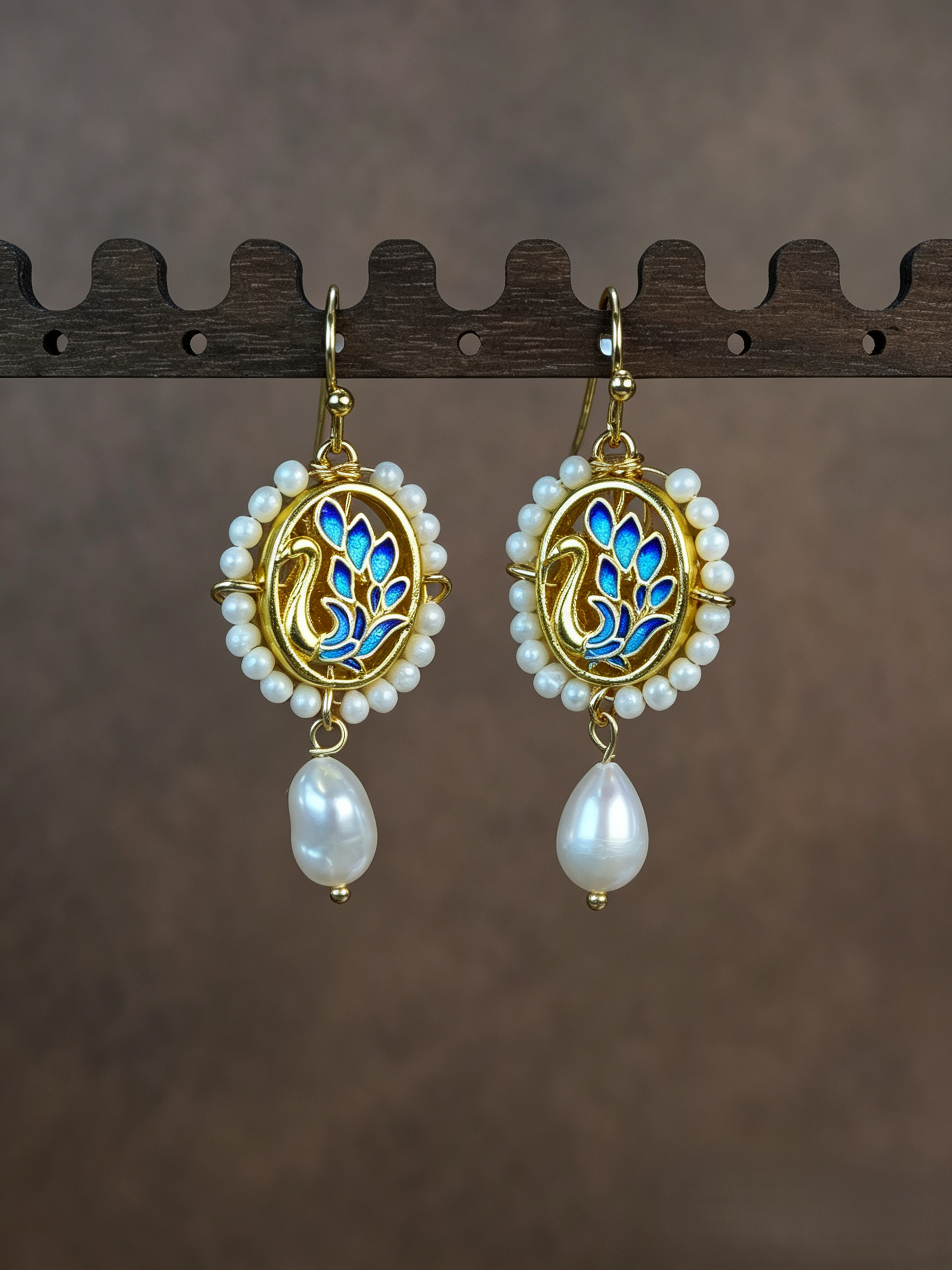 Vintage Blue Cloisonné Enamel Swan Pearl Jewelry Set, Victorian Cameo Pendant Necklace & Drop Earrings Matching Set for Women