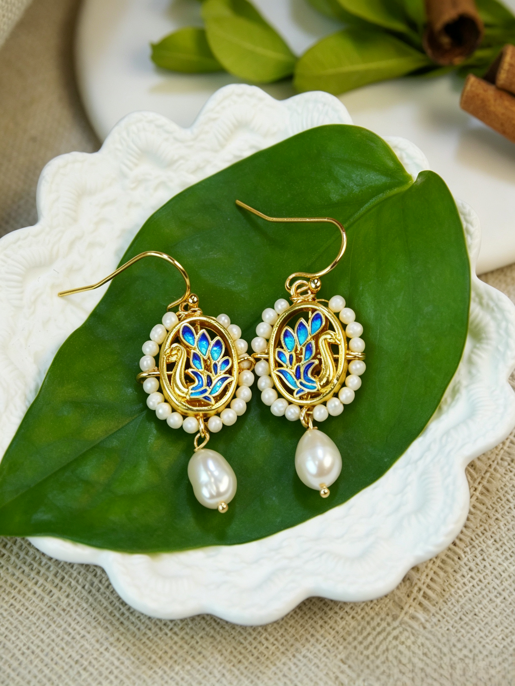 Vintage Blue Cloisonné Enamel Swan Pearl Jewelry Set, Victorian Cameo Pendant Necklace & Drop Earrings Matching Set for Women