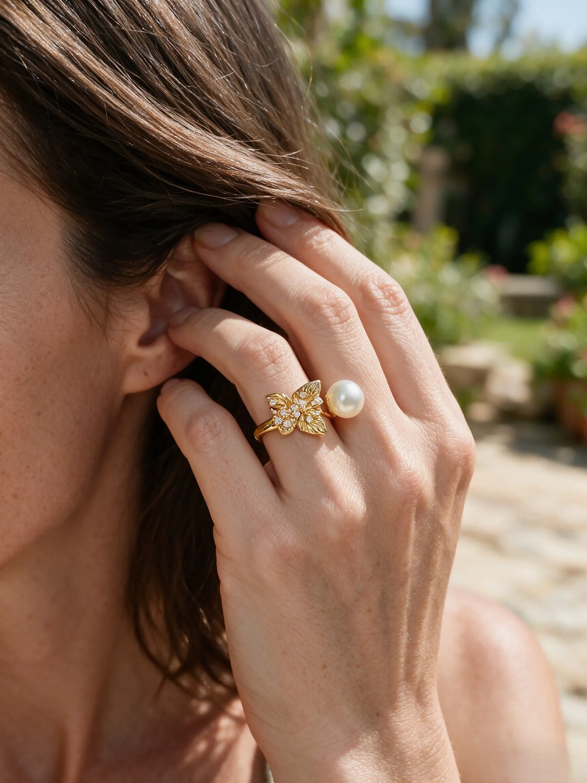 Butterfly Natural Freshwater Pearl Open Ring, 18K Gold Plated Adjustable Feminine Statement Ring for Women