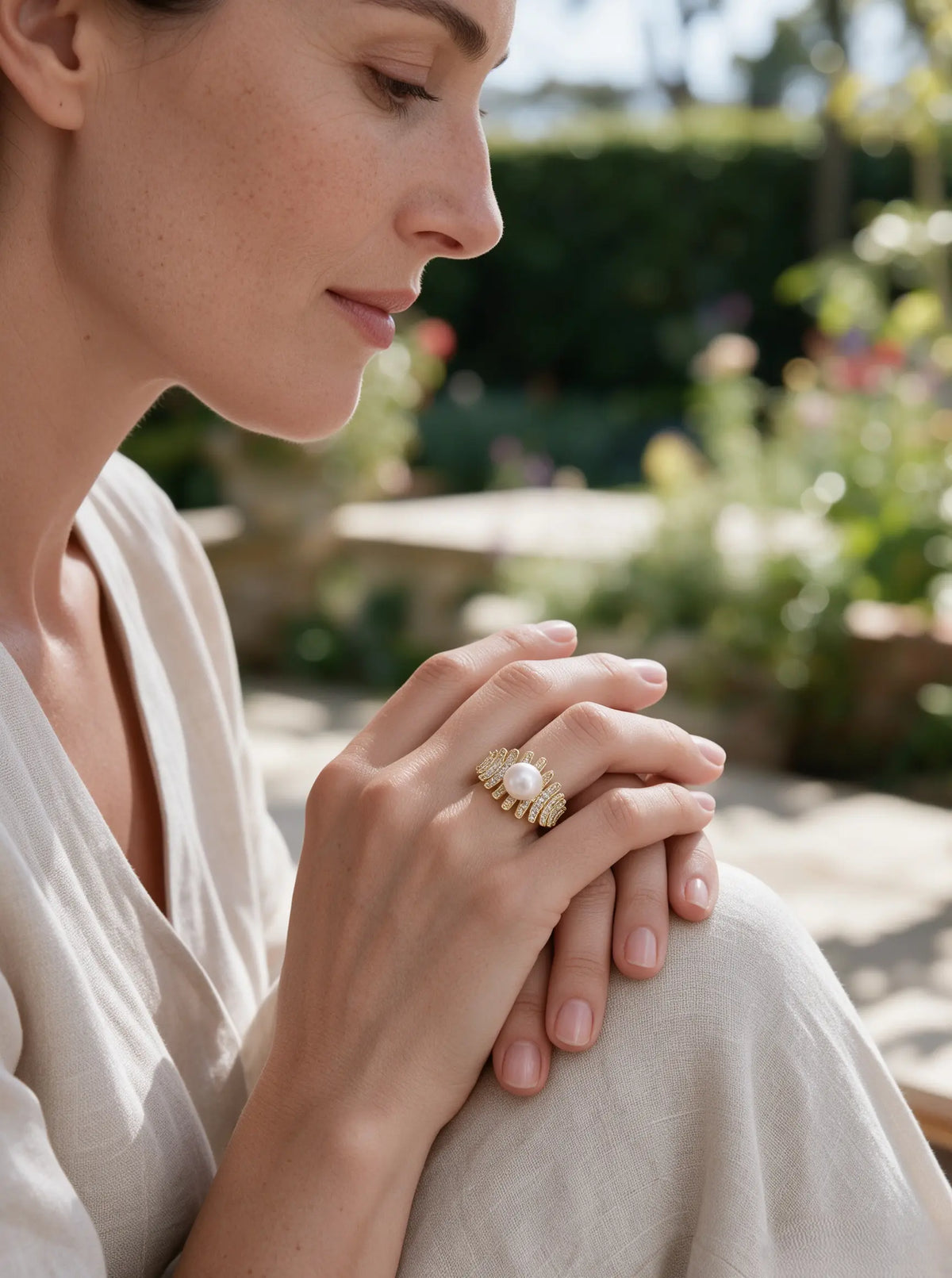 Art Deco Radiant Statement Pearl Ring, Natural Freshwater Pearl Cocktail Ring for Women
