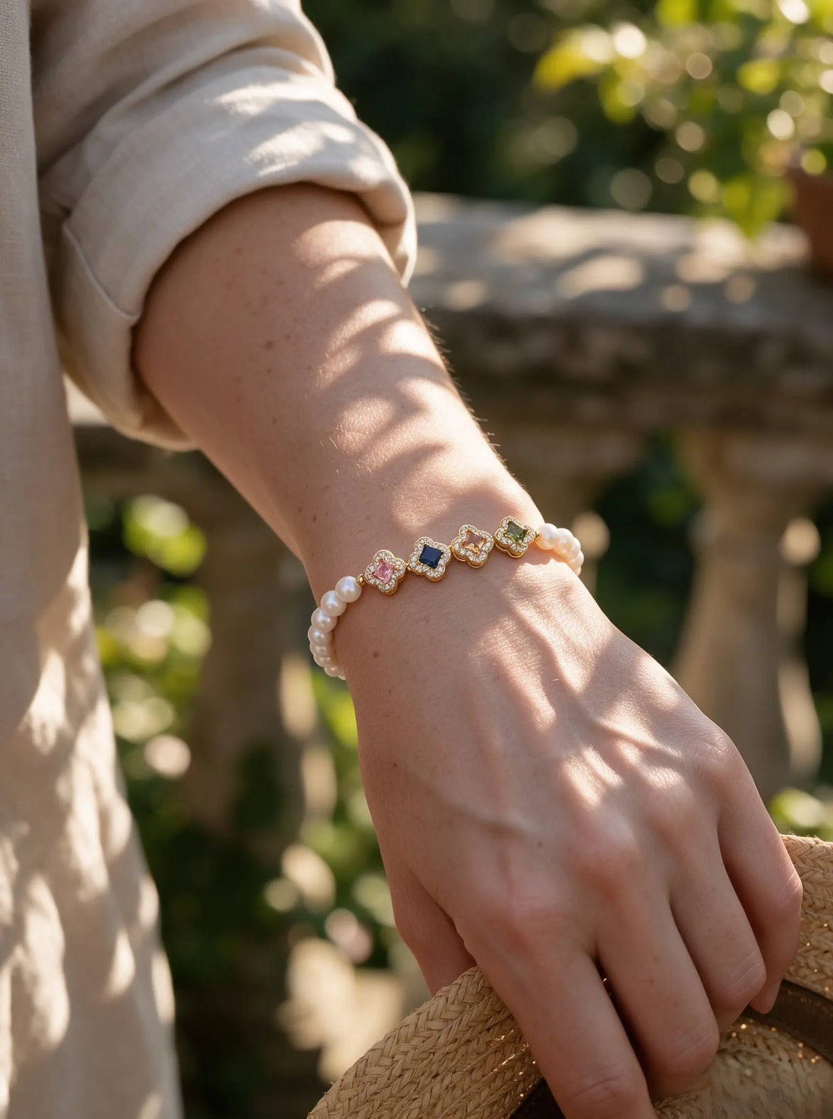Colorful Clover Charm Freshwater Pearl Bracelet, Dainty Adjustable Pearl Stacking Bracelet for Women