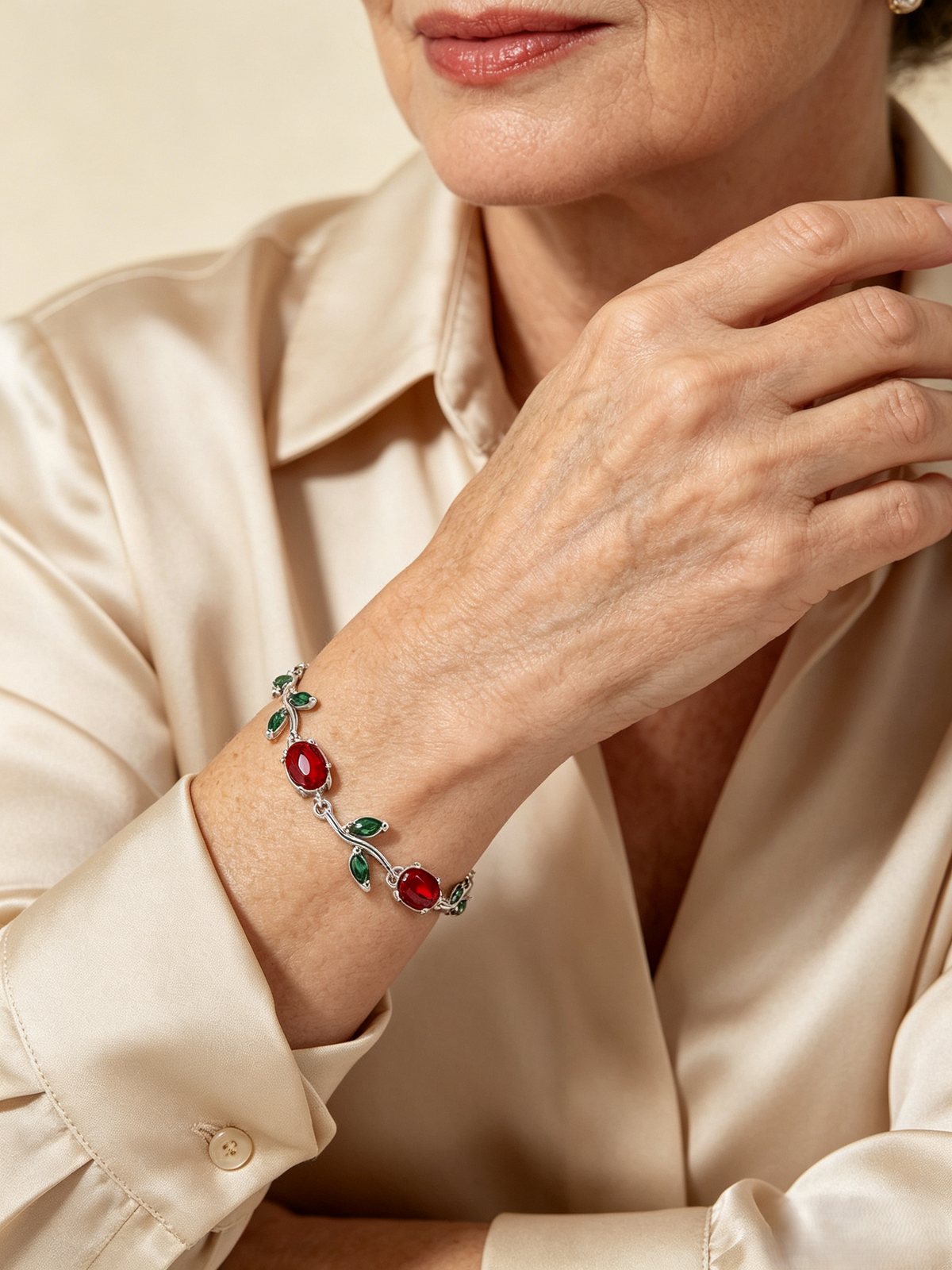Vintage Red‑Green Vine Leaf Branch Bracelet, Gold & Silver Tone Oval Zircon Statement Bracelet for Women