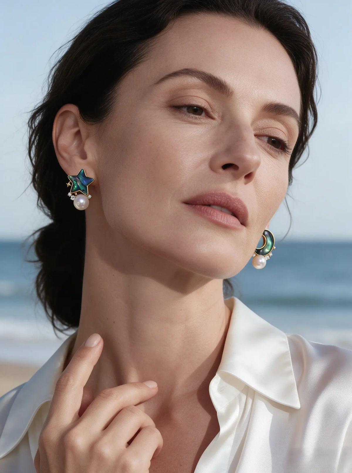 Star & Moon Abalone Shell Mismatched Stud Earrings, Natural Freshwater Pearl Gold‑Tone Earrings for Women