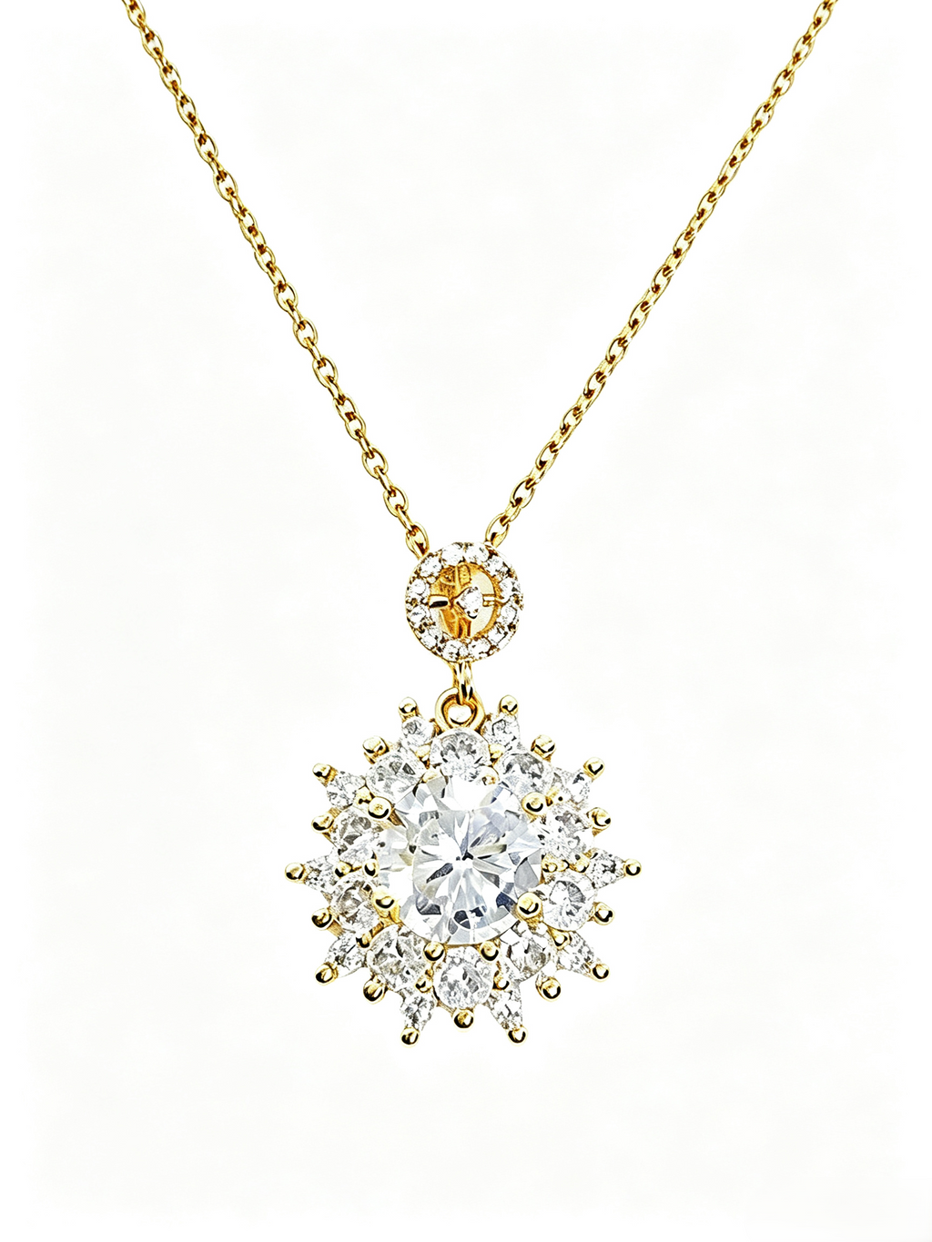 Vintage Sunburst Halo Crystal Pendant Necklace, Dainty Gold Plated Layered Drop Necklace for Women, Elegant Evening Statement Jewelry