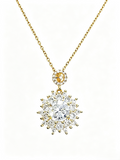 Vintage Sunburst Halo Crystal Pendant Necklace, Dainty Gold Plated Layered Drop Necklace for Women, Elegant Evening Statement Jewelry