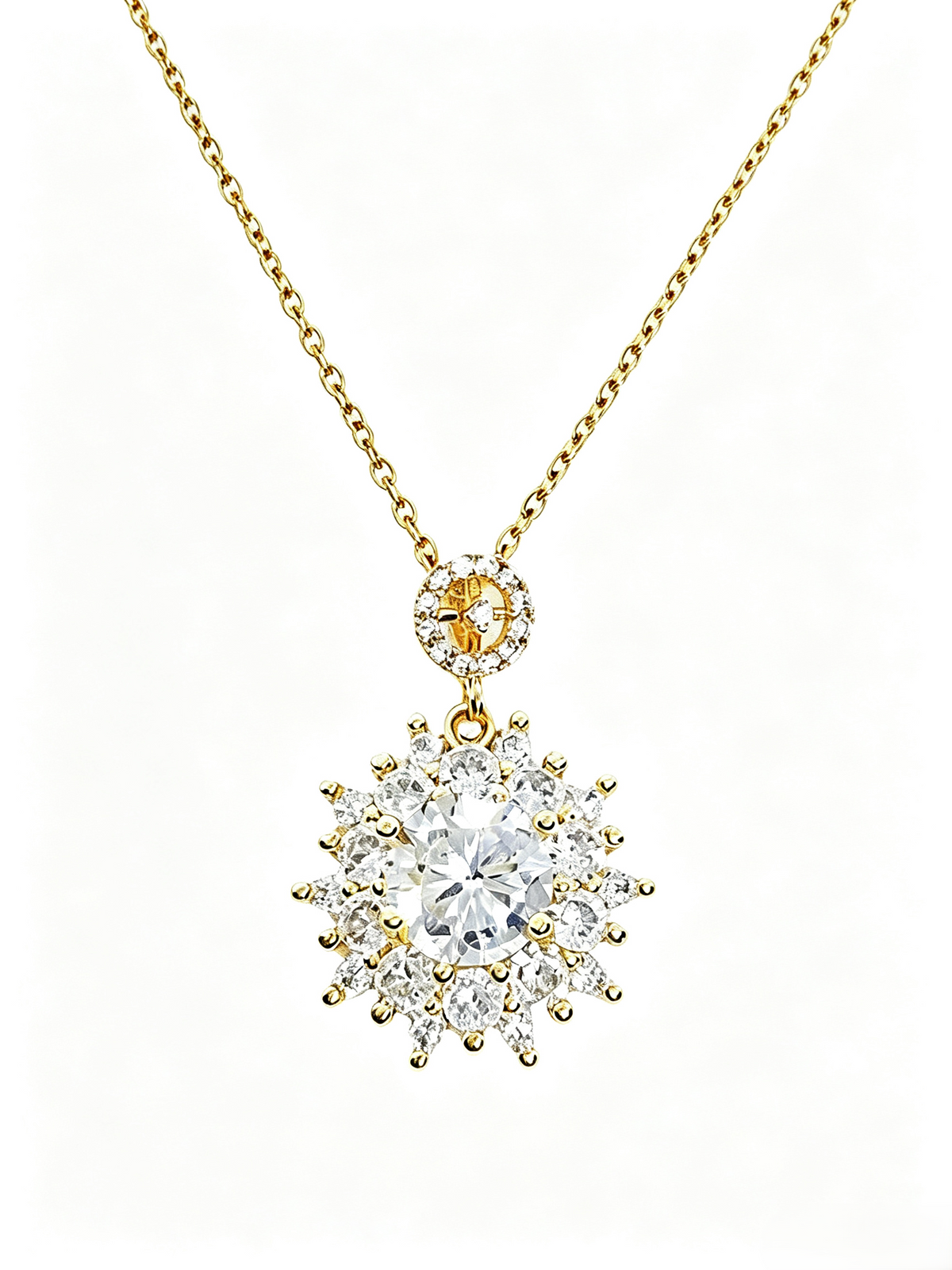Vintage Sunburst Halo Crystal Pendant Necklace, Dainty Gold Plated Layered Drop Necklace for Women, Elegant Evening Statement Jewelry