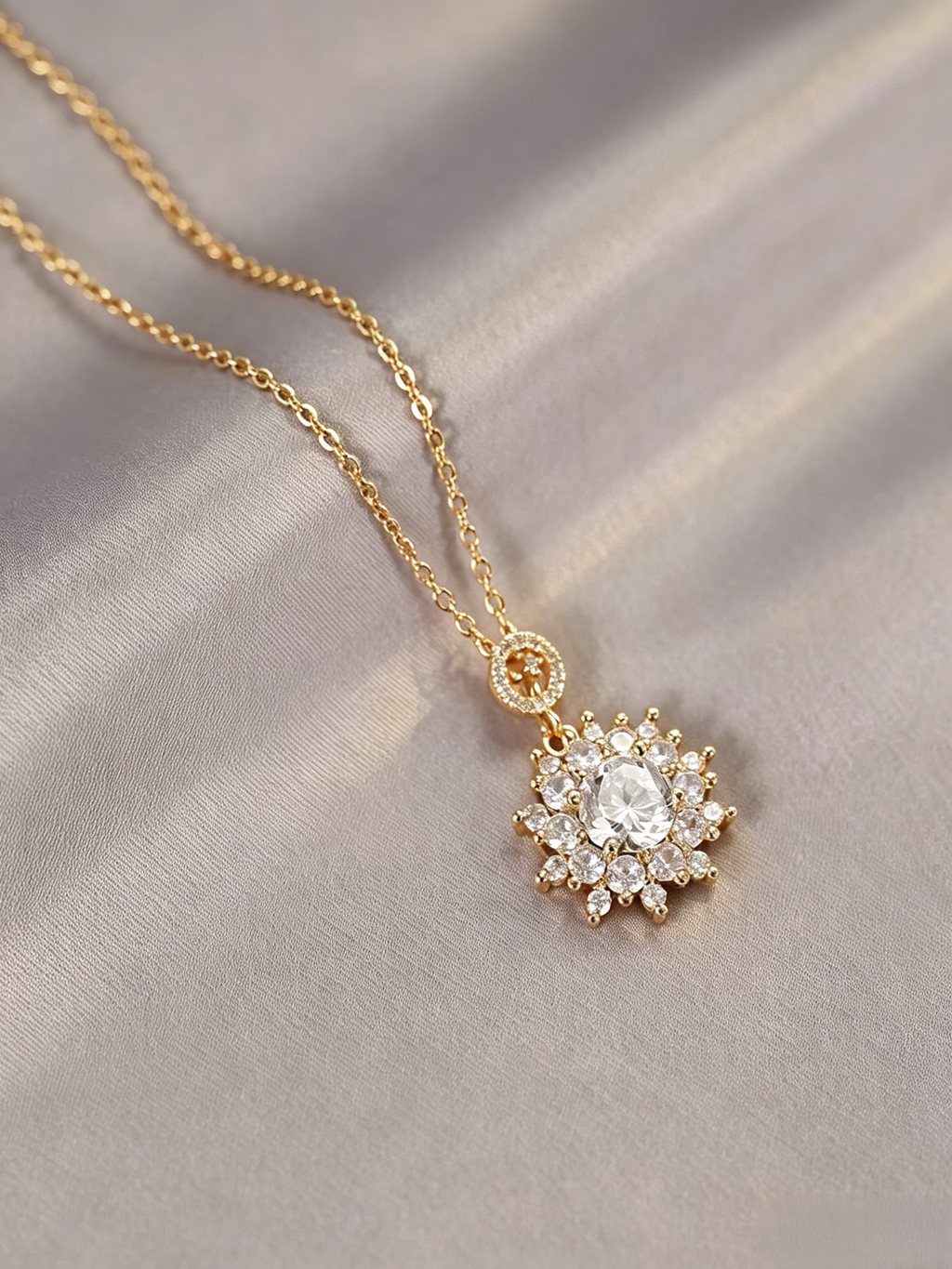 Vintage Sunburst Halo Crystal Pendant Necklace, Dainty Gold Plated Layered Drop Necklace for Women, Elegant Evening Statement Jewelry