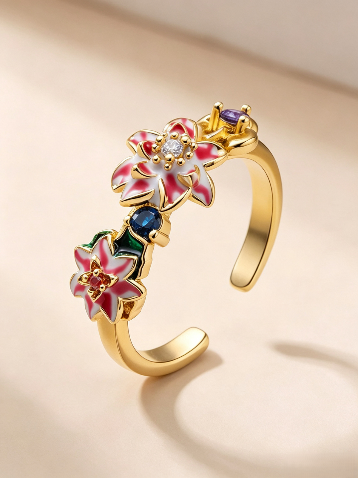 Vintage Enamel Floral Open Adjustable Ring, Hand‑painted Colorful Flower Statement Stacking Ring for Women