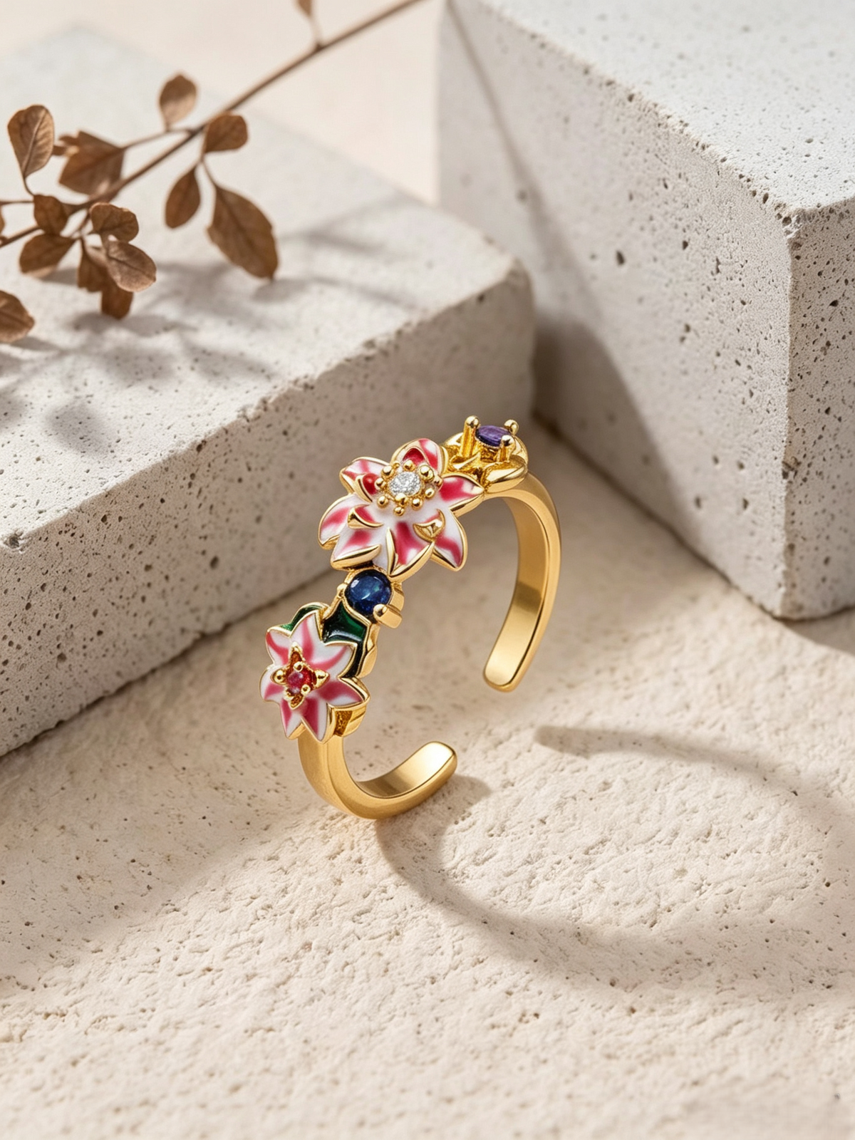 Vintage Enamel Floral Open Adjustable Ring, Hand‑painted Colorful Flower Statement Stacking Ring for Women