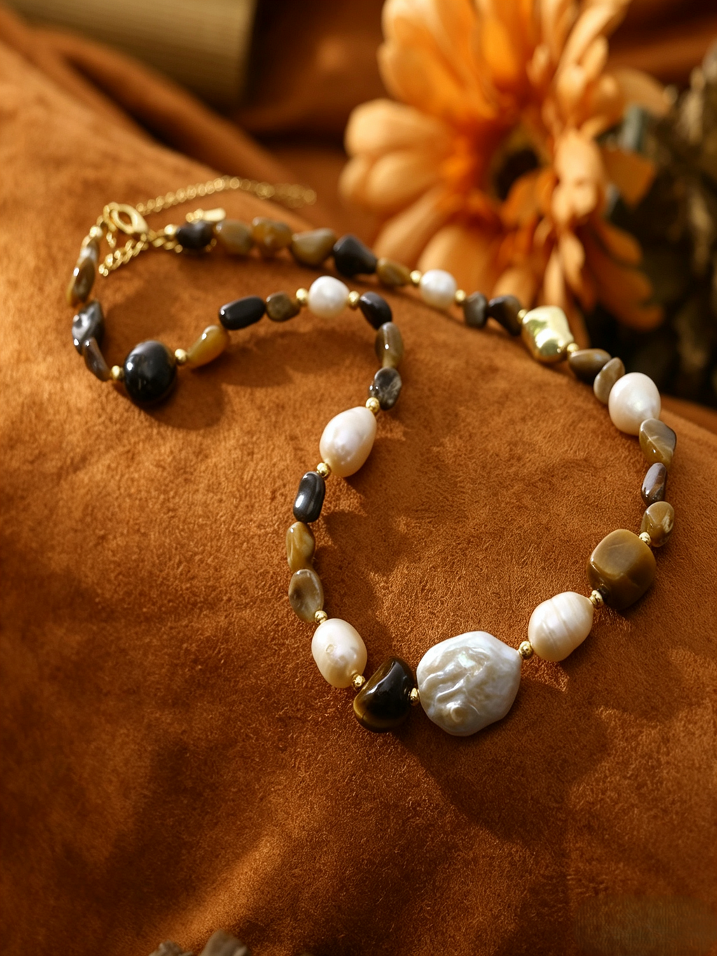 Baroque Freshwater Pearl Tiger’s Eye & Grey Agate Beaded Necklace Bracelet Set, Neutral Earth‑Tone Elegant Layering Jewelry