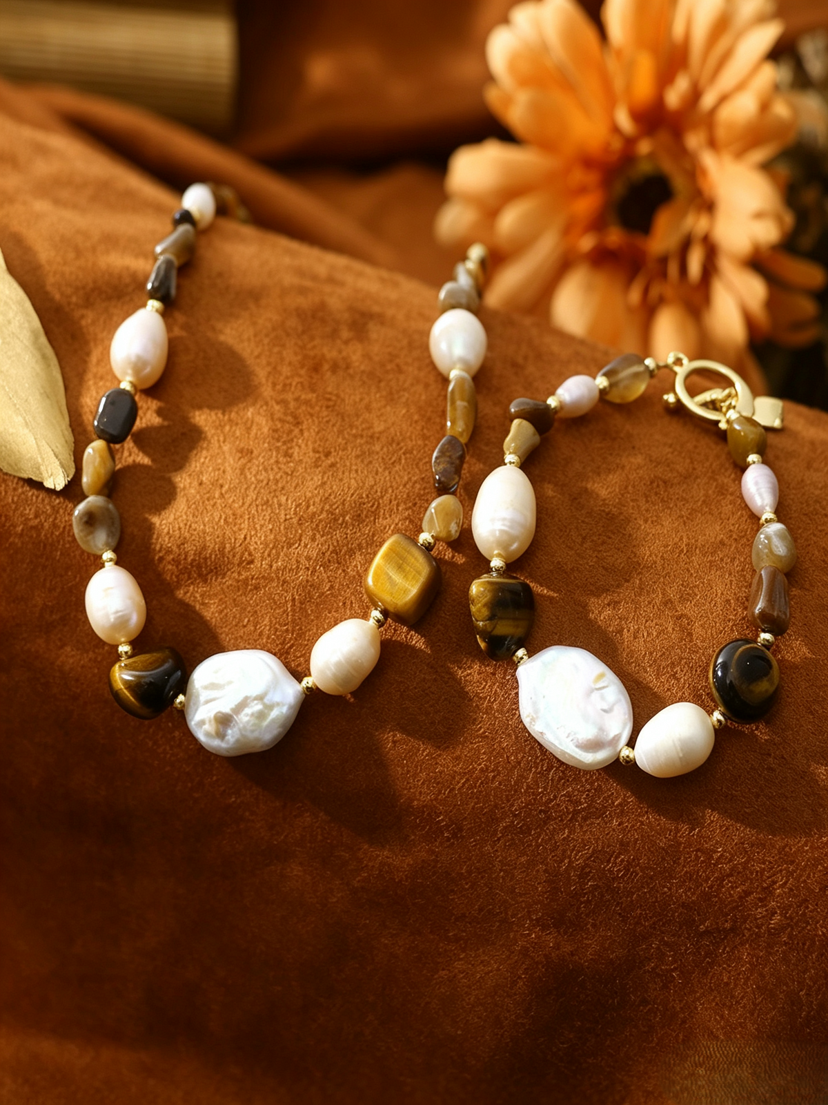 Baroque Freshwater Pearl Tiger’s Eye & Grey Agate Beaded Necklace Bracelet Set, Neutral Earth‑Tone Elegant Layering Jewelry