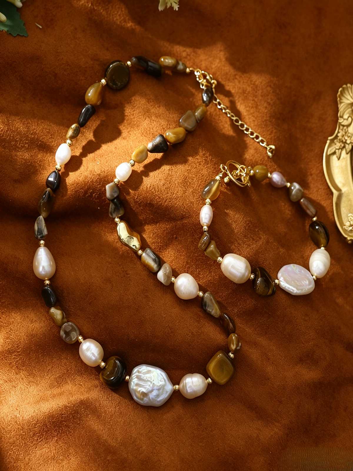 Baroque Freshwater Pearl Tiger’s Eye & Grey Agate Beaded Necklace Bracelet Set, Neutral Earth‑Tone Elegant Layering Jewelry