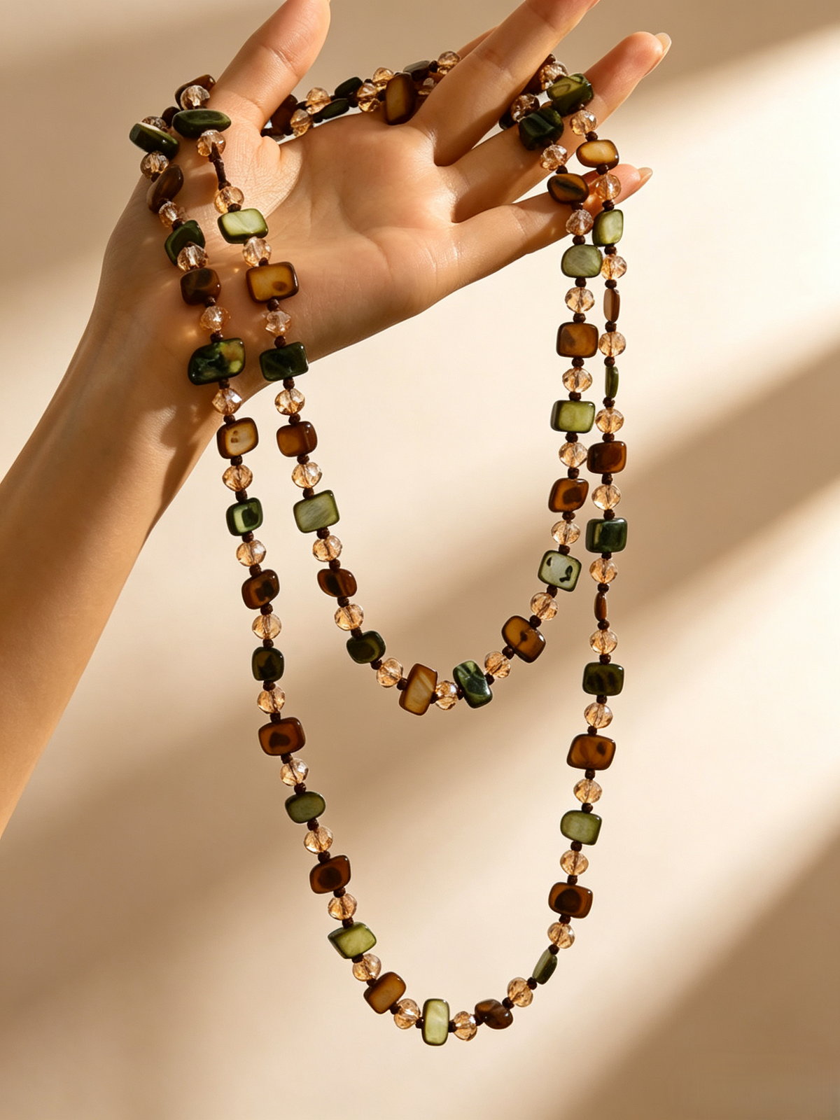 Boho Vintage Colorful Shell Beaded Long Necklace, Retro Vacation Style Layered Sweater Chain for Women