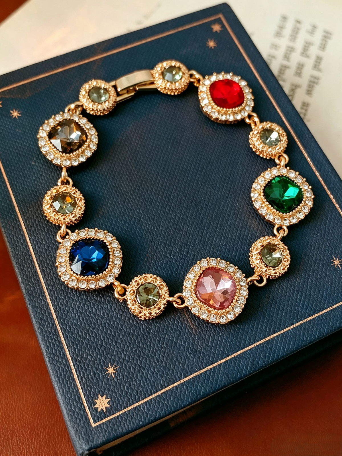 Vintage‑Inspired Multi‑Color Rhinestone Statement Bracelet, Retro Ornate Gold Tone Cocktail Bracelet for Women