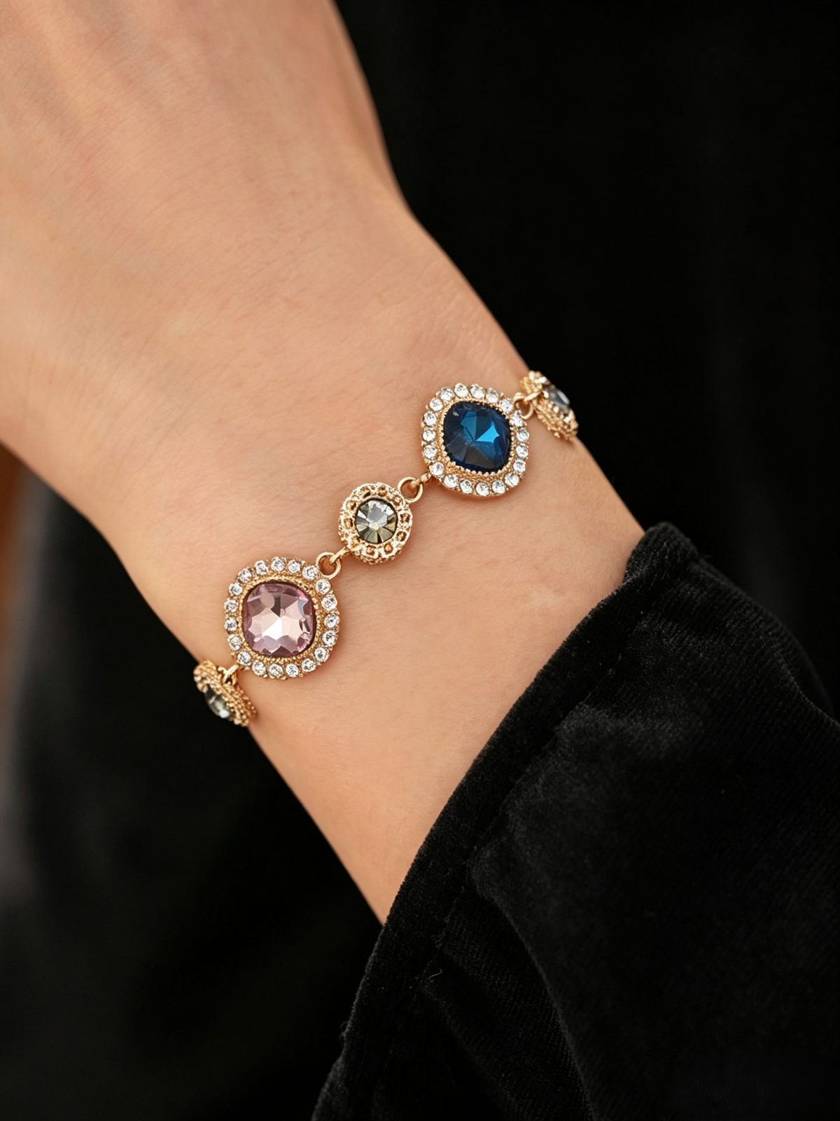 Vintage‑Inspired Multi‑Color Rhinestone Statement Bracelet, Retro Ornate Gold Tone Cocktail Bracelet for Women