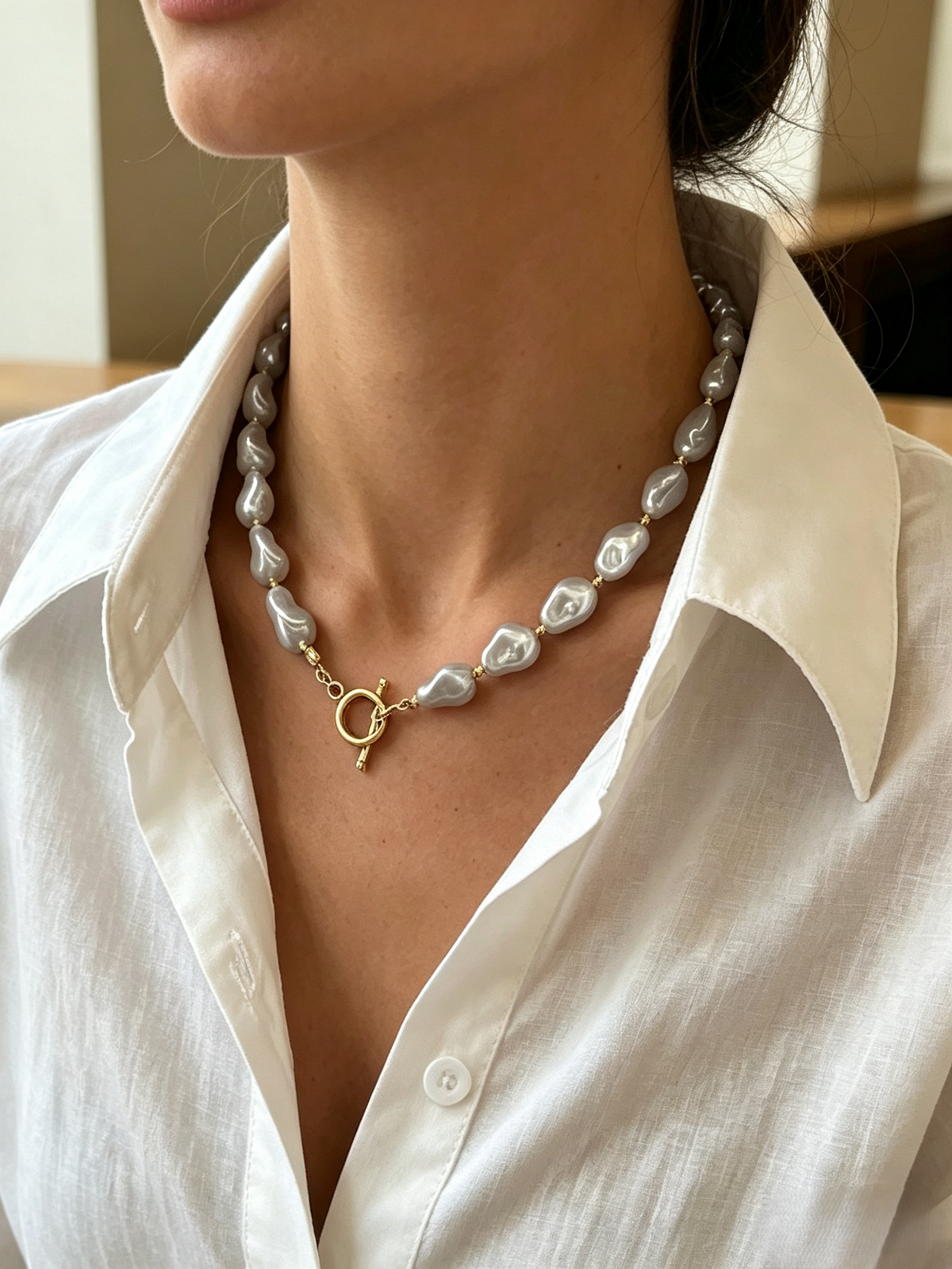 Baroque‑Style Irregular Pearl Toggle Clasp Choker Necklace, Statement Unique Design Women’s Collar Necklace