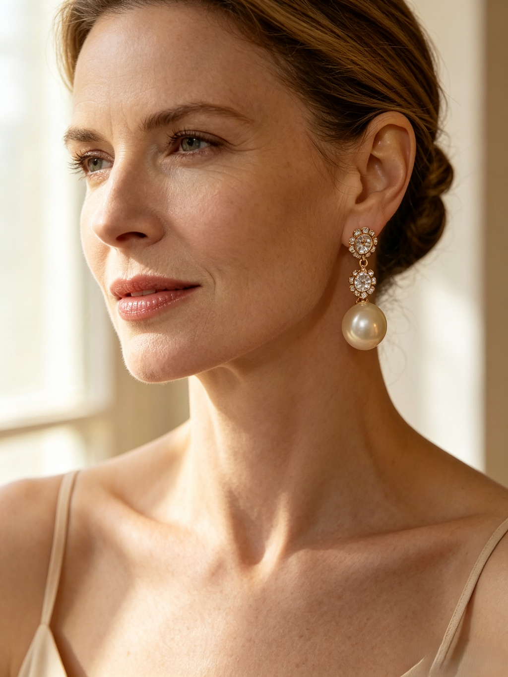 French Vintage‑Inspired Crystal Halo Drop Earrings, Elegant Round Pearl Dangle Earrings for Women