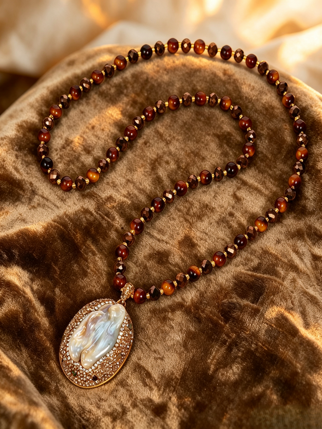 Natural Freshwater Baroque Pearl Statement Pendant Necklace, Tiger‑Eye Beaded Long Sweater Necklace for Women