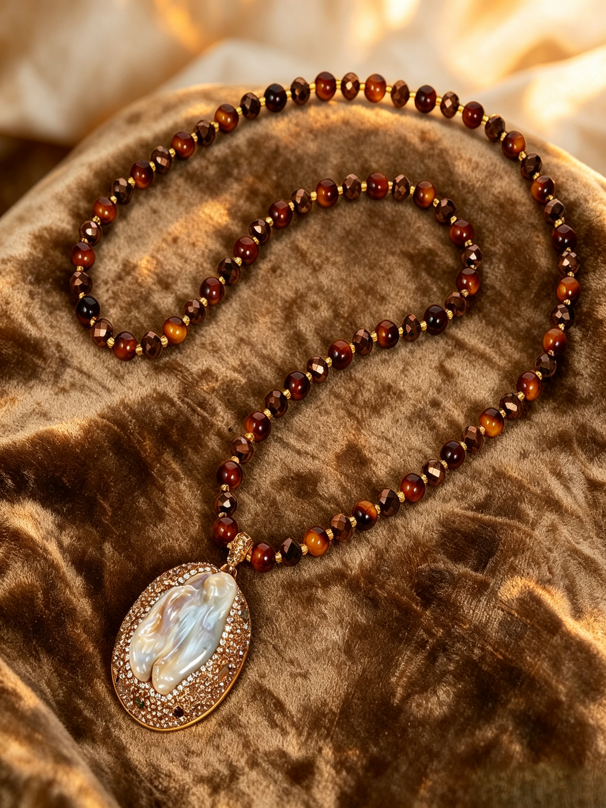 Natural Freshwater Baroque Pearl Statement Pendant Necklace, Tiger‑Eye Beaded Long Sweater Necklace for Women
