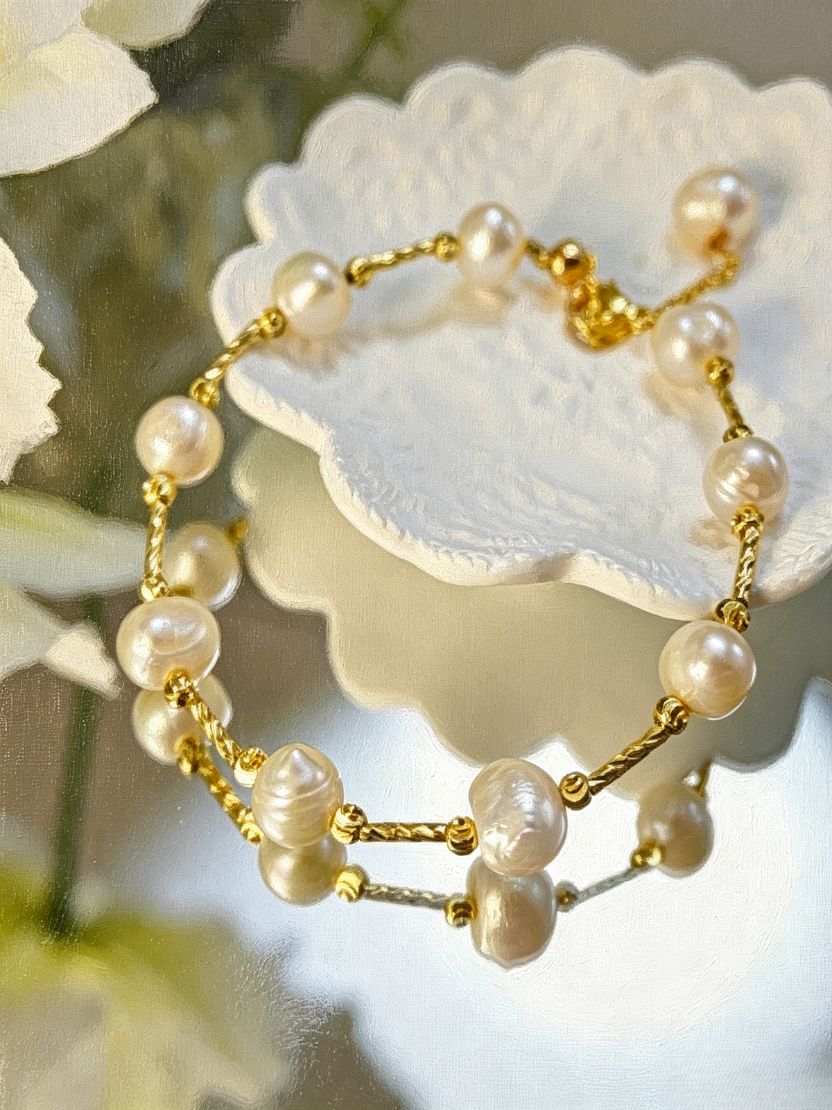 Handmade Irregular Freshwater Pearl Bracelet, Twisted 14K Gold Plated Chain Baroque Pearl Bracelet for Women