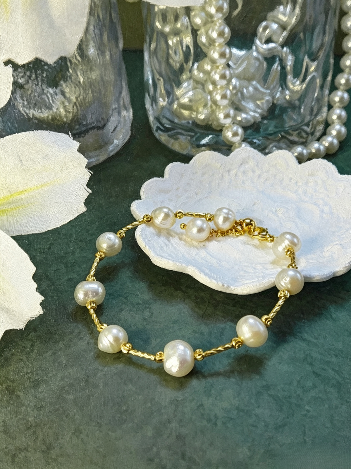 Handmade Irregular Freshwater Pearl Bracelet, Twisted 14K Gold Plated Chain Baroque Pearl Bracelet for Women