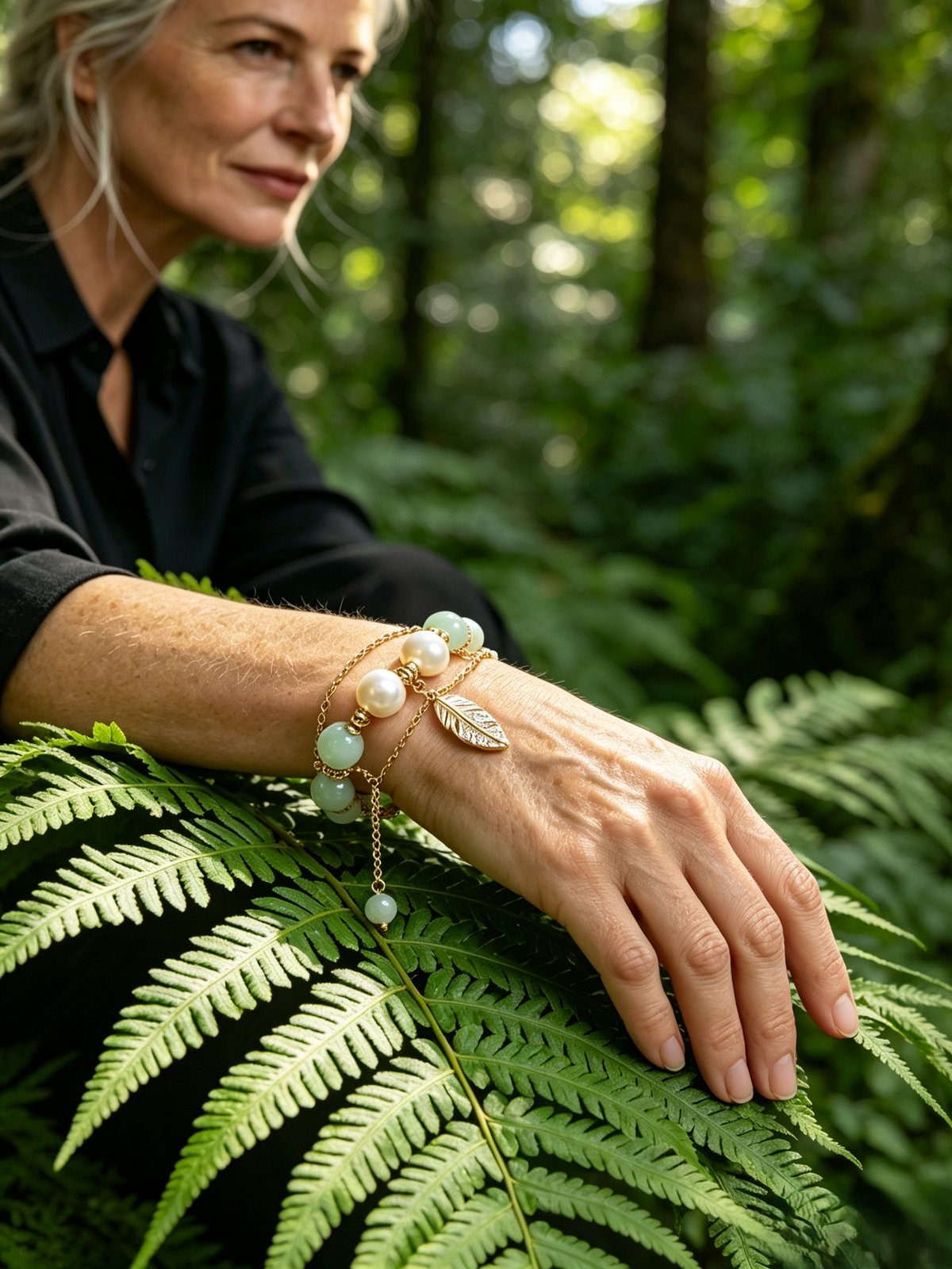 Natural Freshwater Pearl Double‑Layer Beaded Bracelet, Green Stone Bead Bracelet with Feather Charm for Women