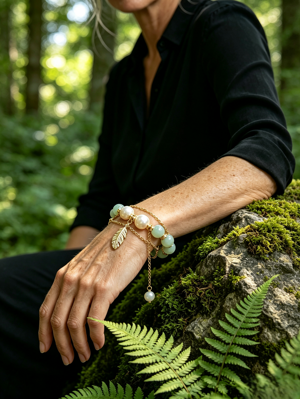 Natural Freshwater Pearl Double‑Layer Beaded Bracelet, Green Stone Bead Bracelet with Feather Charm for Women