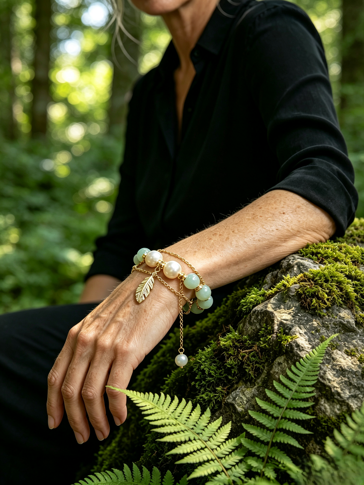 Natural Freshwater Pearl Double‑Layer Beaded Bracelet, Green Stone Bead Bracelet with Feather Charm for Women