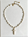 Vintage Baroque Freshwater Pearl Necklace, Cross Pendant Beaded Necklace for Women, Adjustable Chain