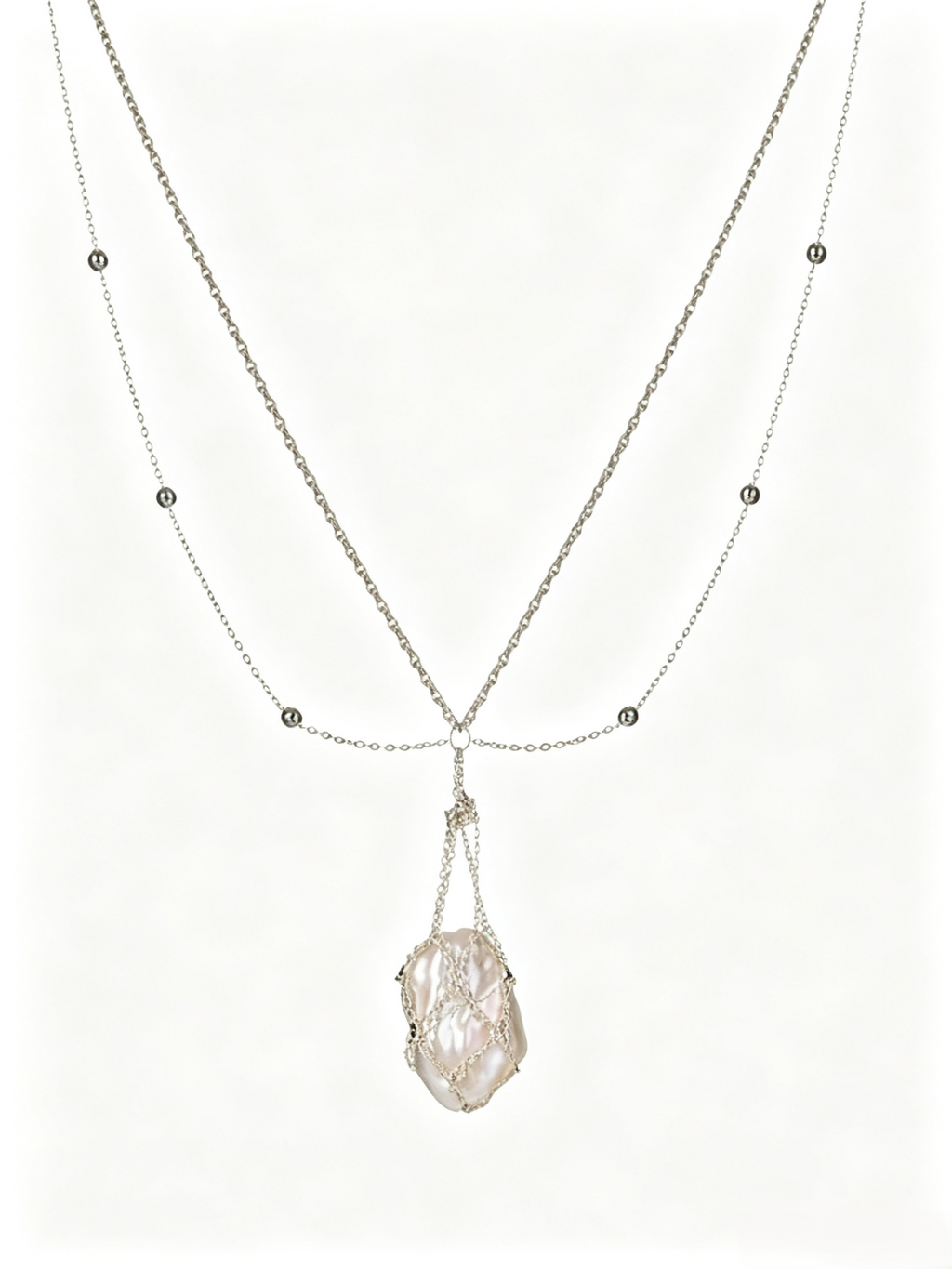Woven Net‑Bag Baroque Pearl Jewelry Set, Vintage Layered Long Necklace & Threader Earrings, Unique Designer Pearl Pendant